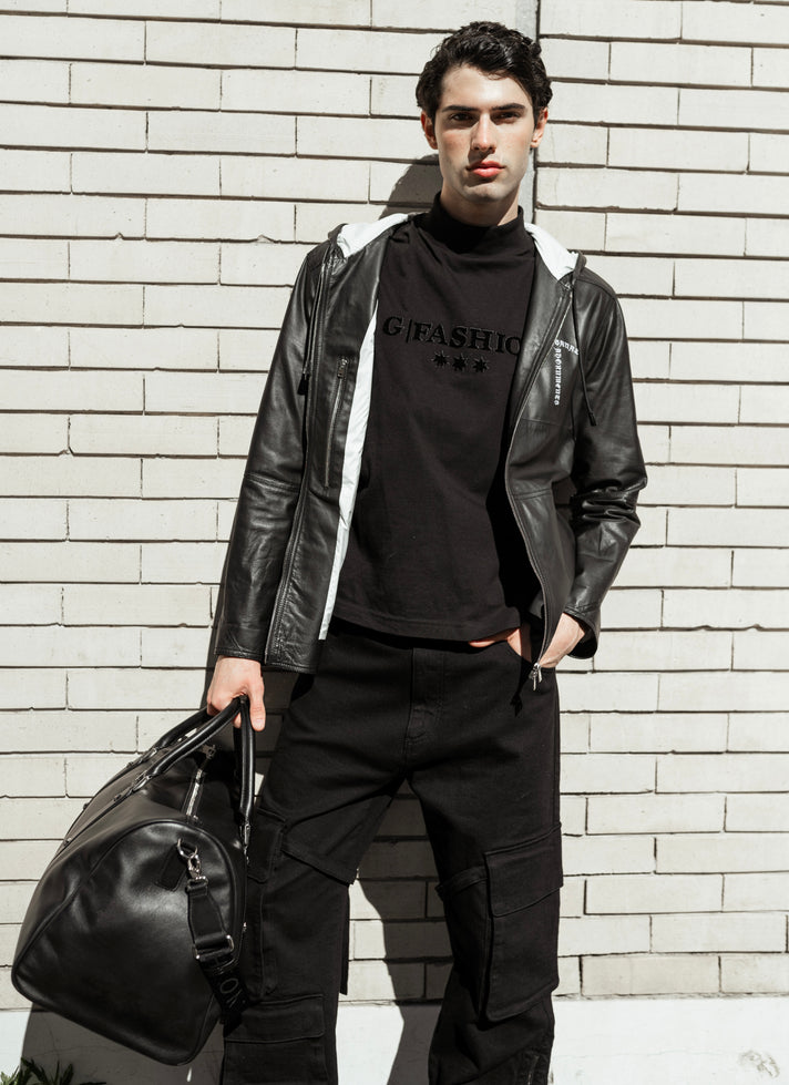 Black calfskin hooded jacket