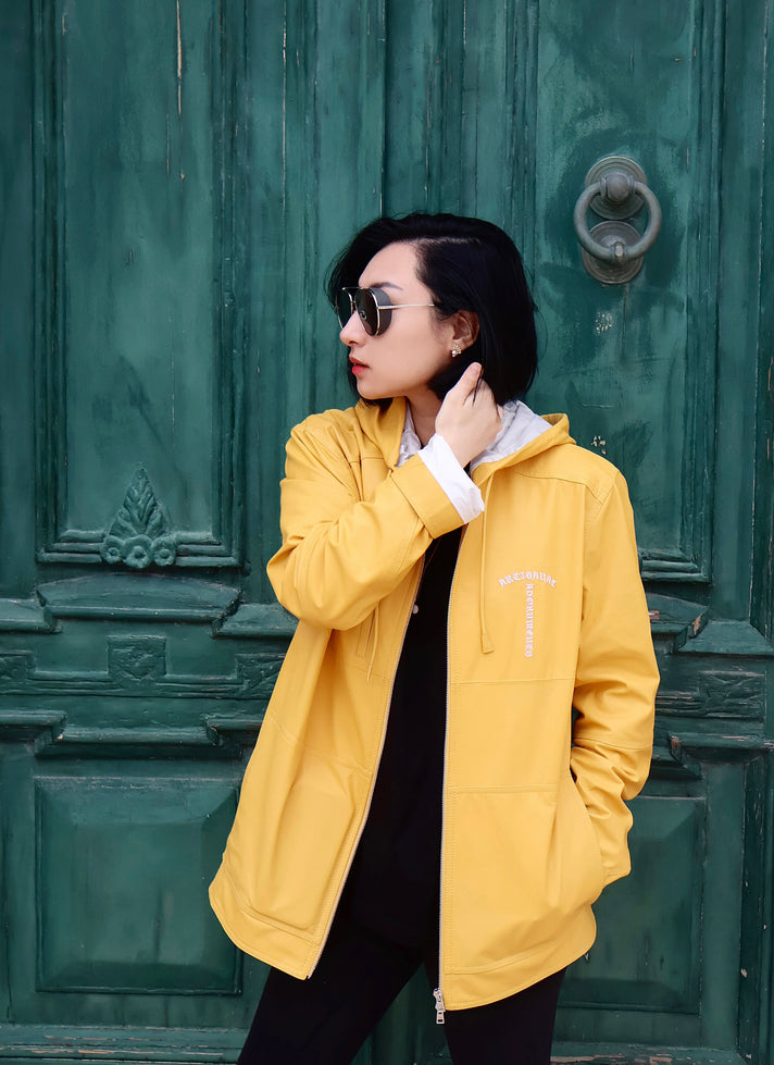Yellow calfskin hooded jacket