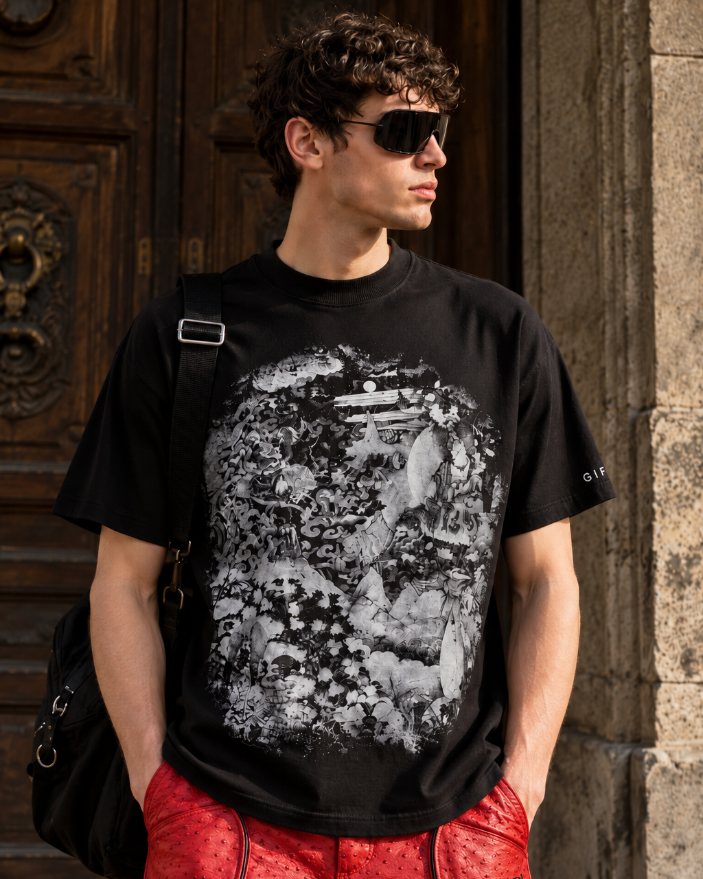 BLACK T-SHIRT WITH B&W BUDDHA