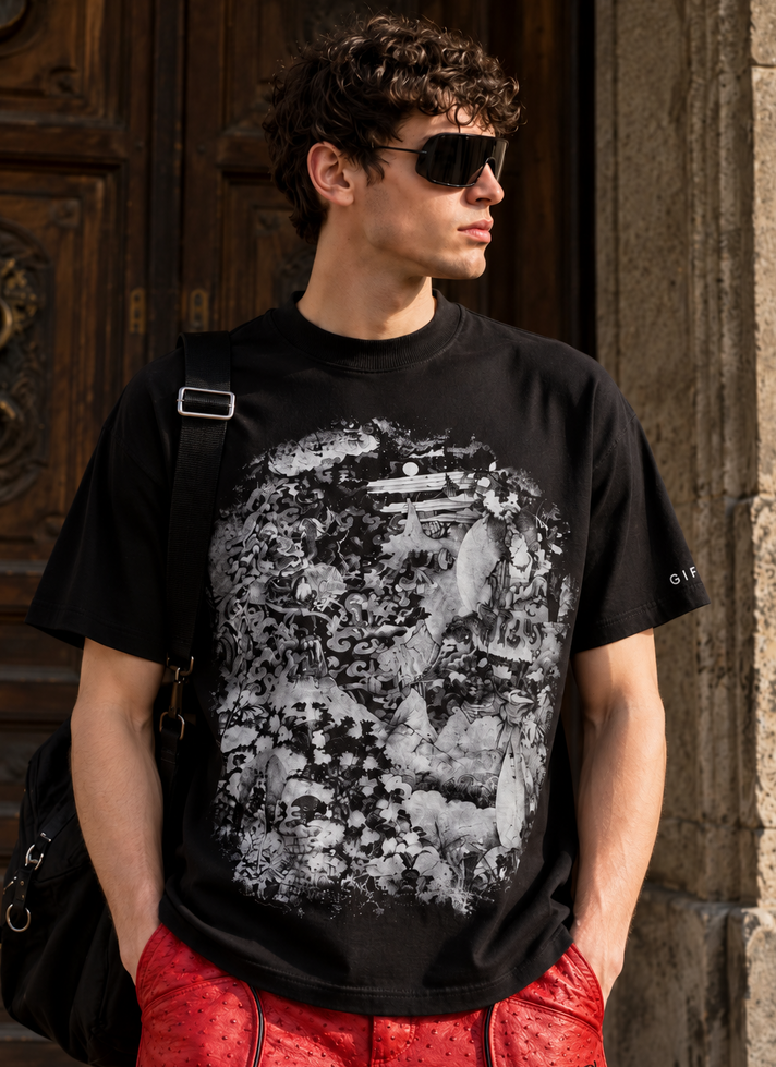 BLACK T-SHIRT WITH B&W BUDDHA