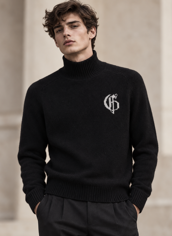 Black knitted turtleneck sweater with logo