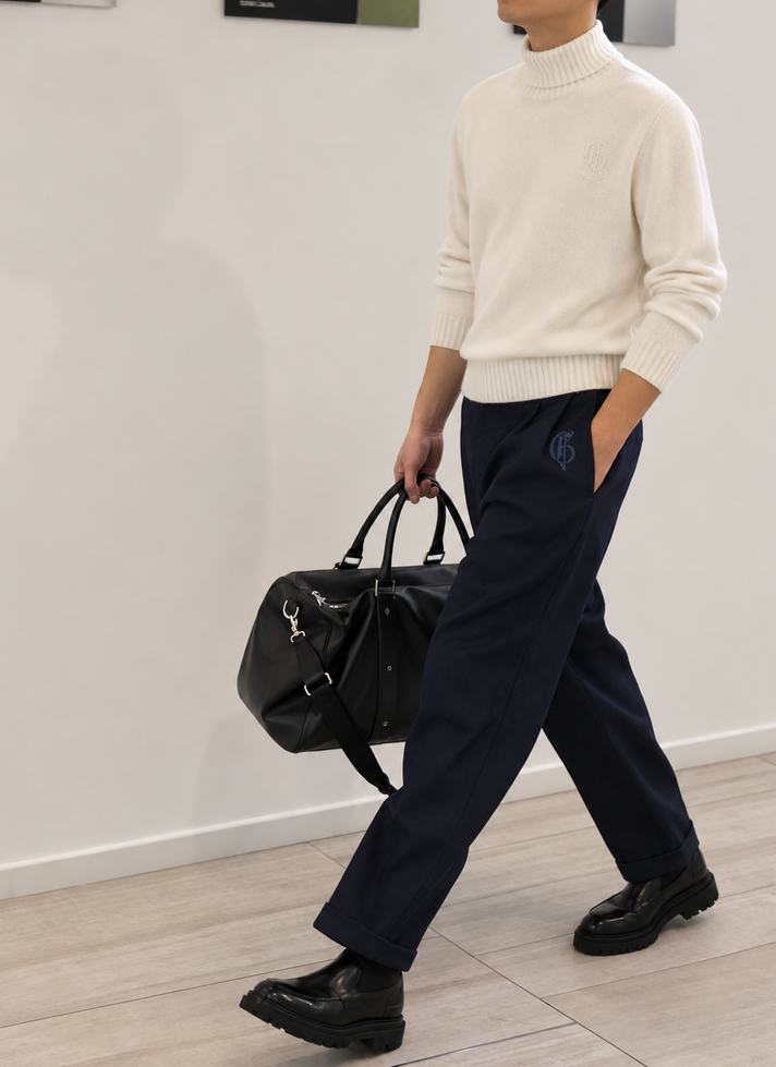 Loose Fit Blue French Terry Cotton-Wool Knit Denim Pants