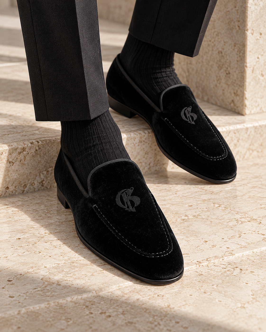 The Milanese Black Velvet Loafers with Logo