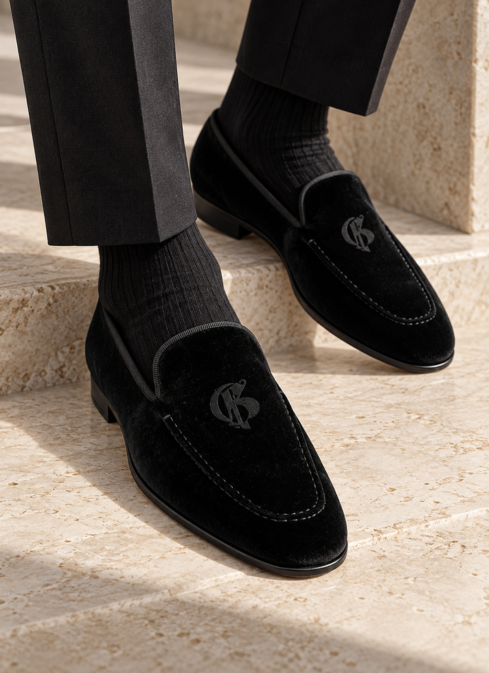 The Milanese Black Velvet Loafers with Logo