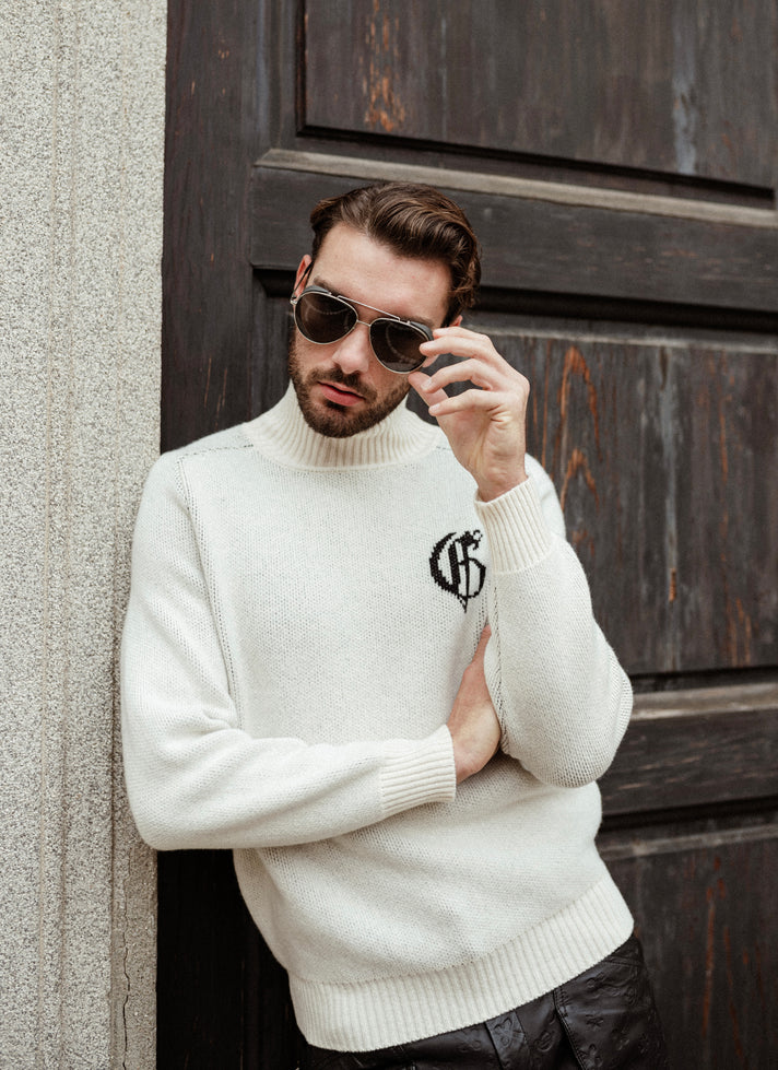 白色带标志针织高领毛衣 