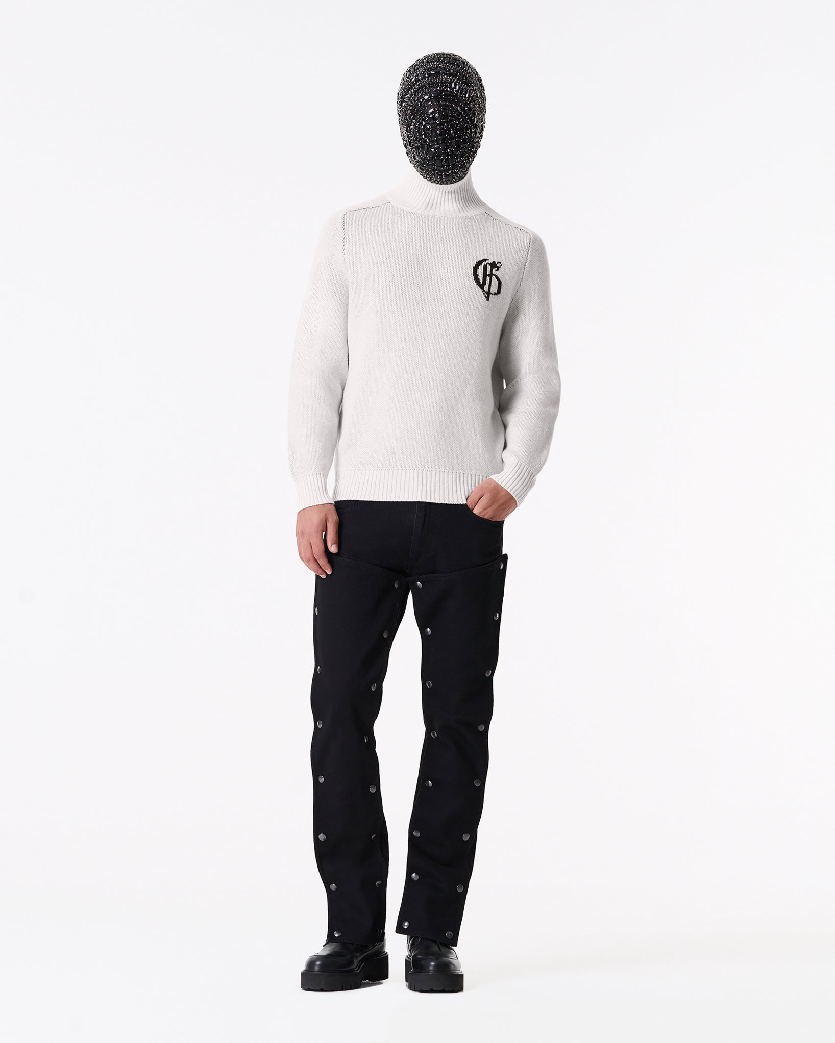 白色带标志针织高领毛衣 