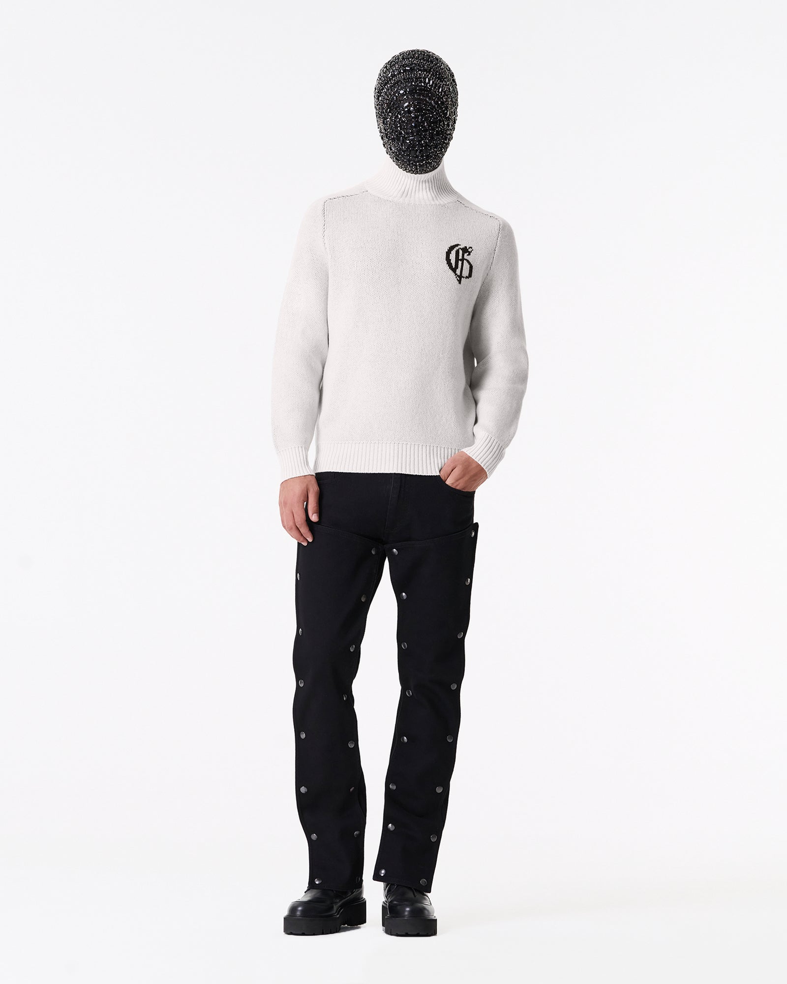 白色带标志针织高领毛衣 