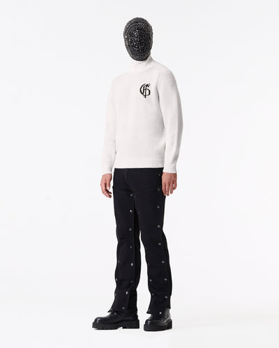 White knitted turtleneck sweater with logo