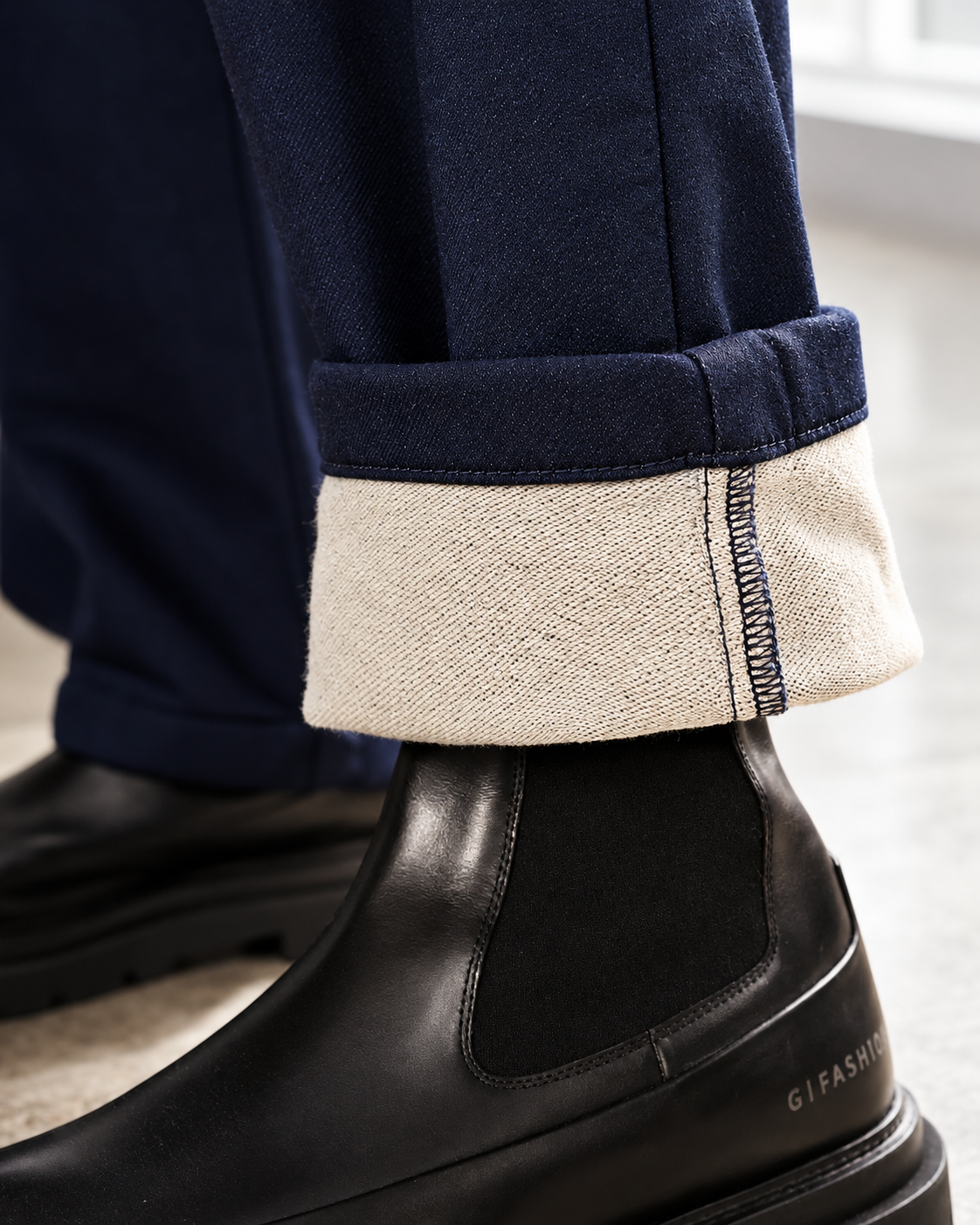 Loose Fit Blue French Terry Cotton-Wool Knit Denim Pants
