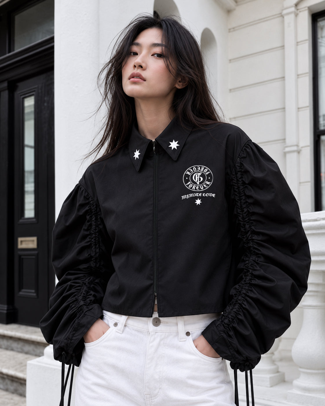 Black Cotton Puff-Sleeve Shirt