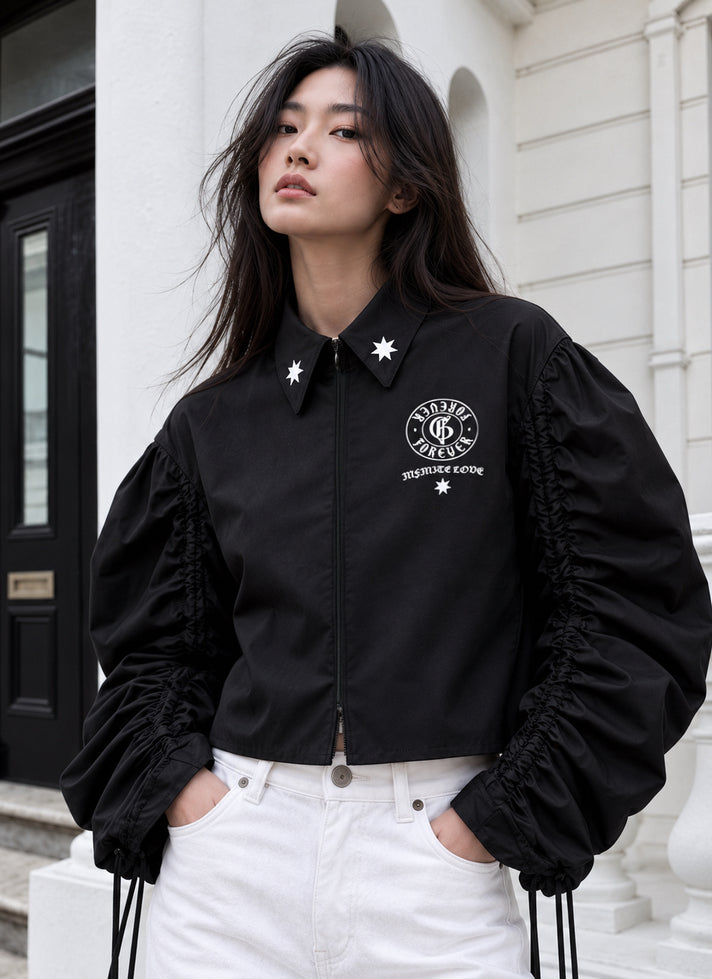 Black Cotton Puff-Sleeve Shirt