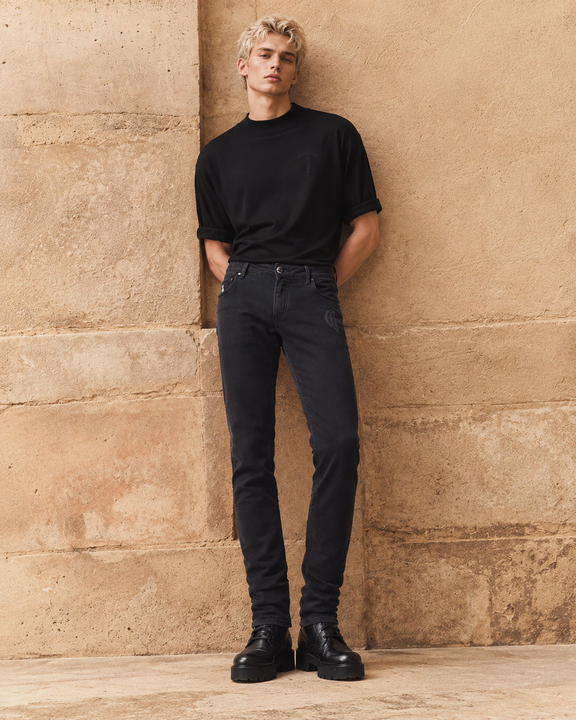 Black Slim Fit French Terry Cotton-Wool Knit Denim Pants