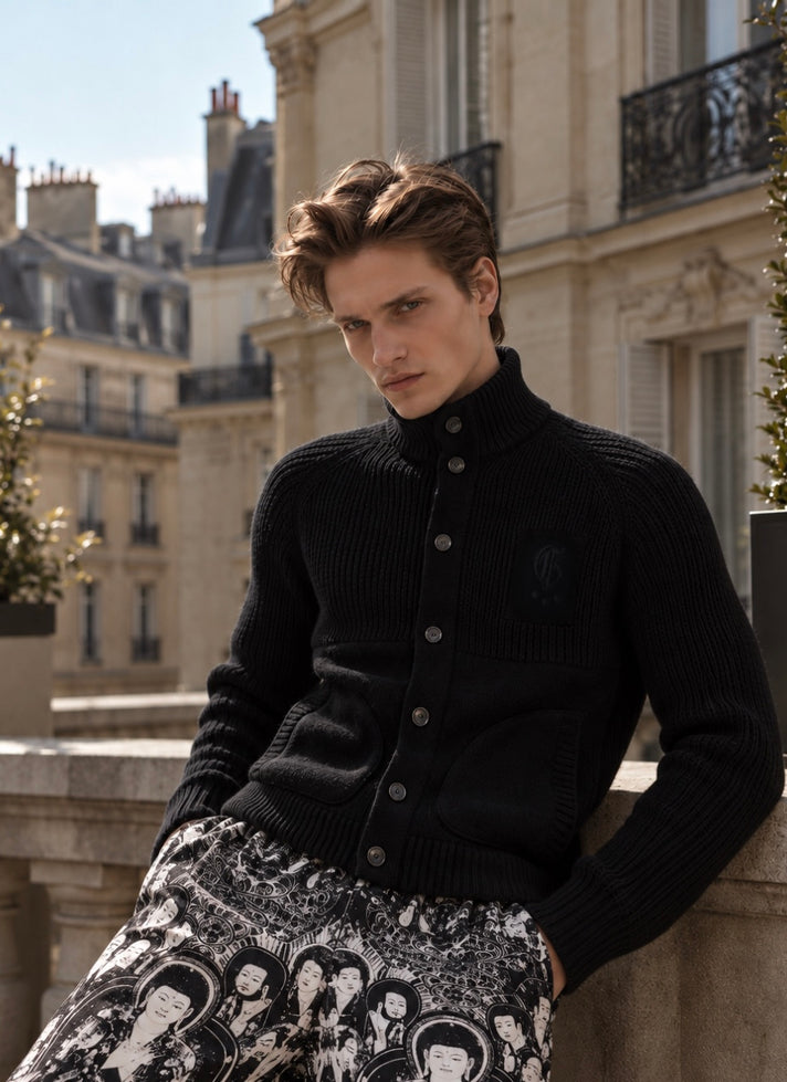 Black cardigan with fur collar