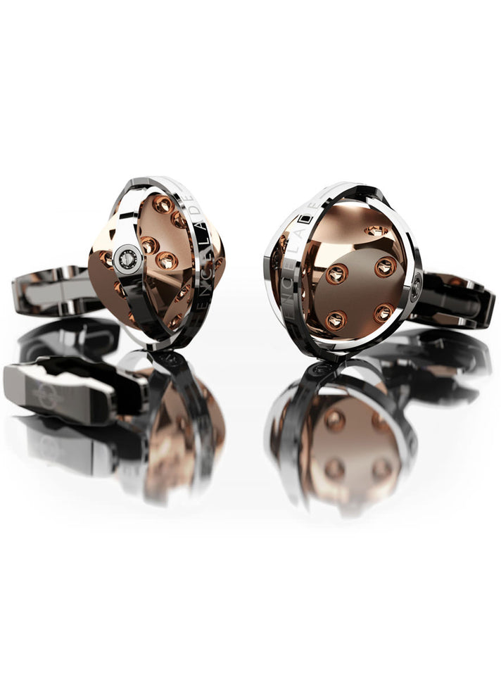 CUFFLINKS DICE STEEL & RED GOLD
