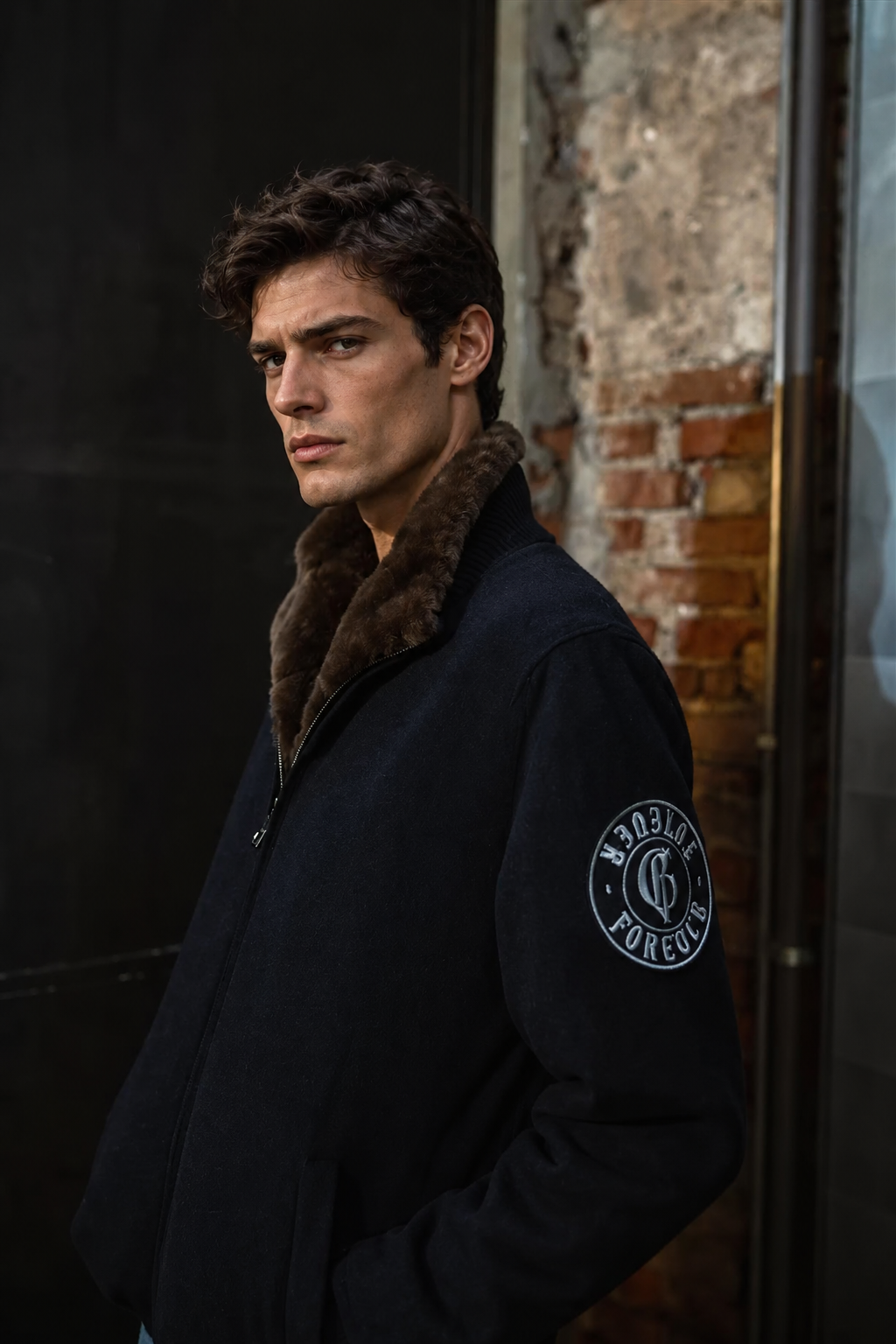 Dark Blue Cashmere Bomber Jacket with Beaver fur