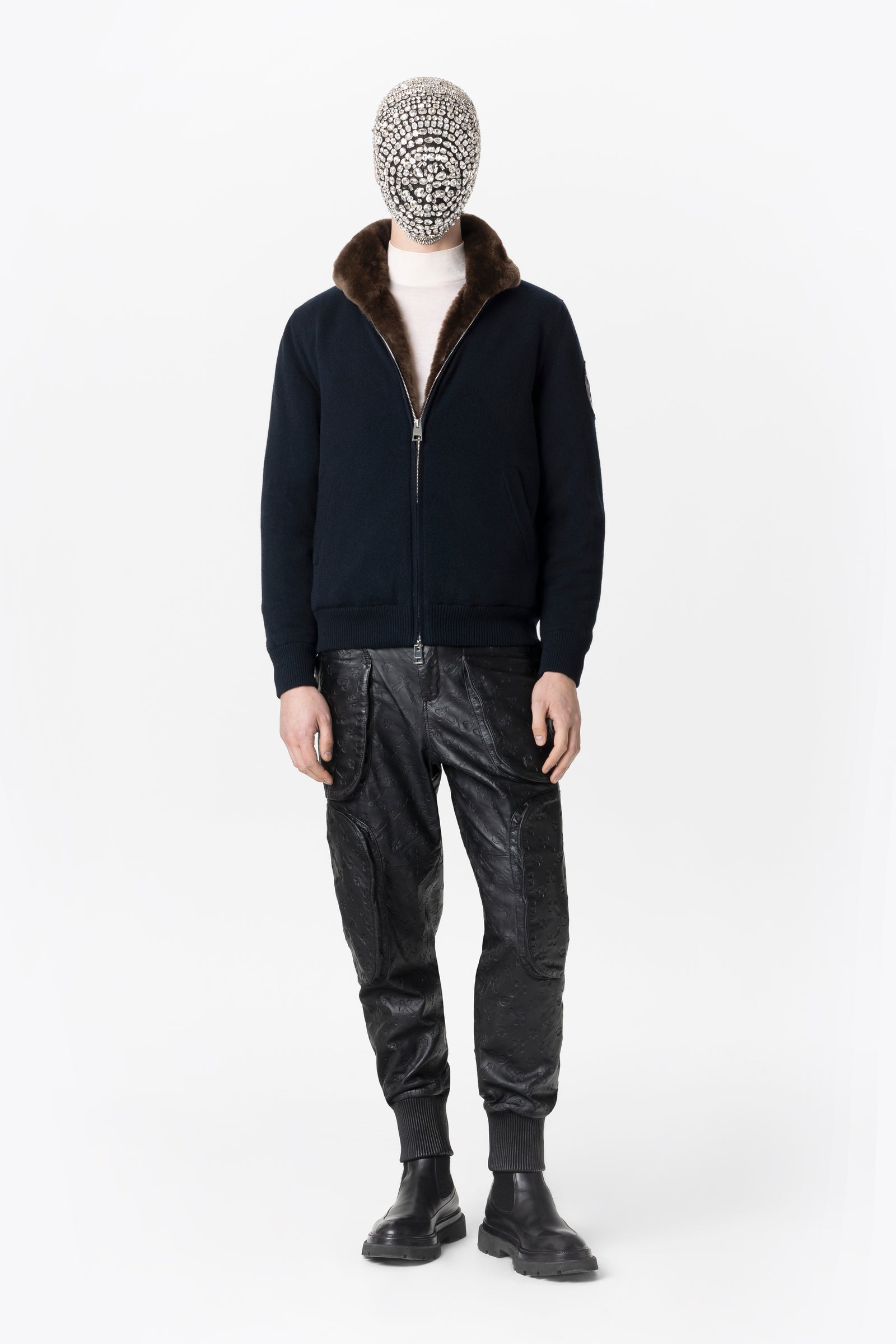Dark Blue Cashmere Bomber Jacket with Beaver fur