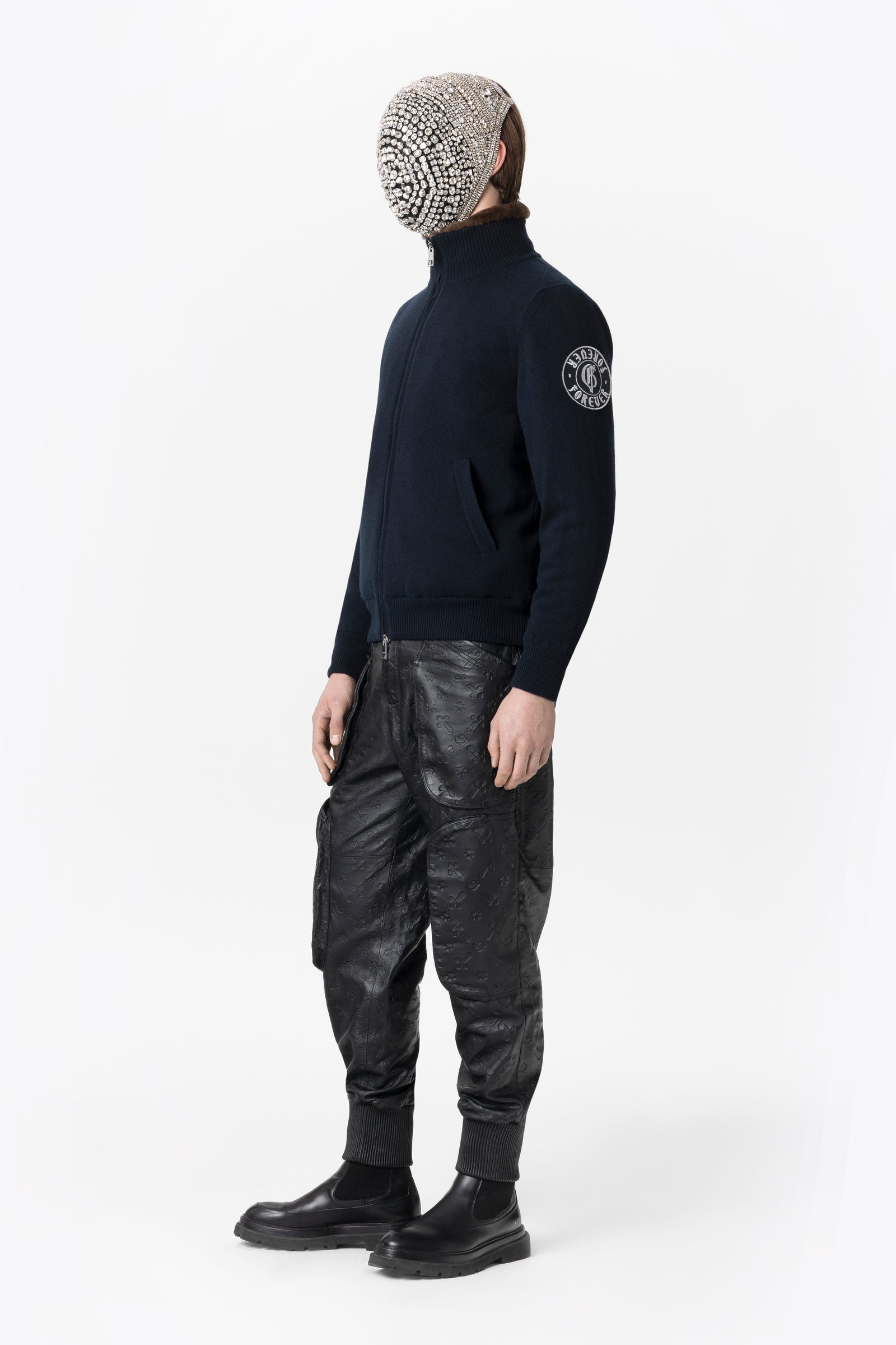 Dark Blue Cashmere Bomber Jacket with Beaver fur