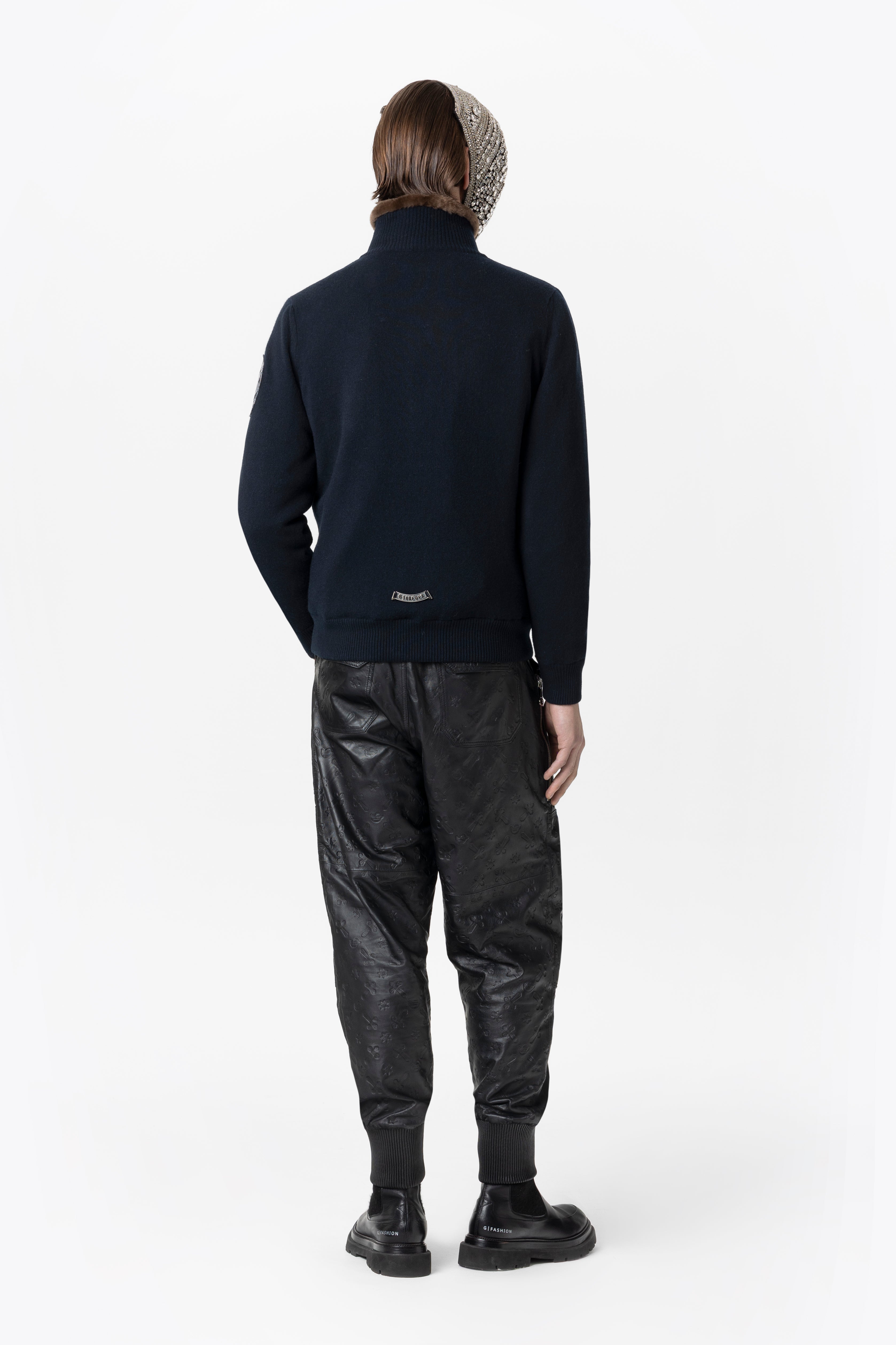 Dark Blue Cashmere Bomber Jacket with Beaver fur