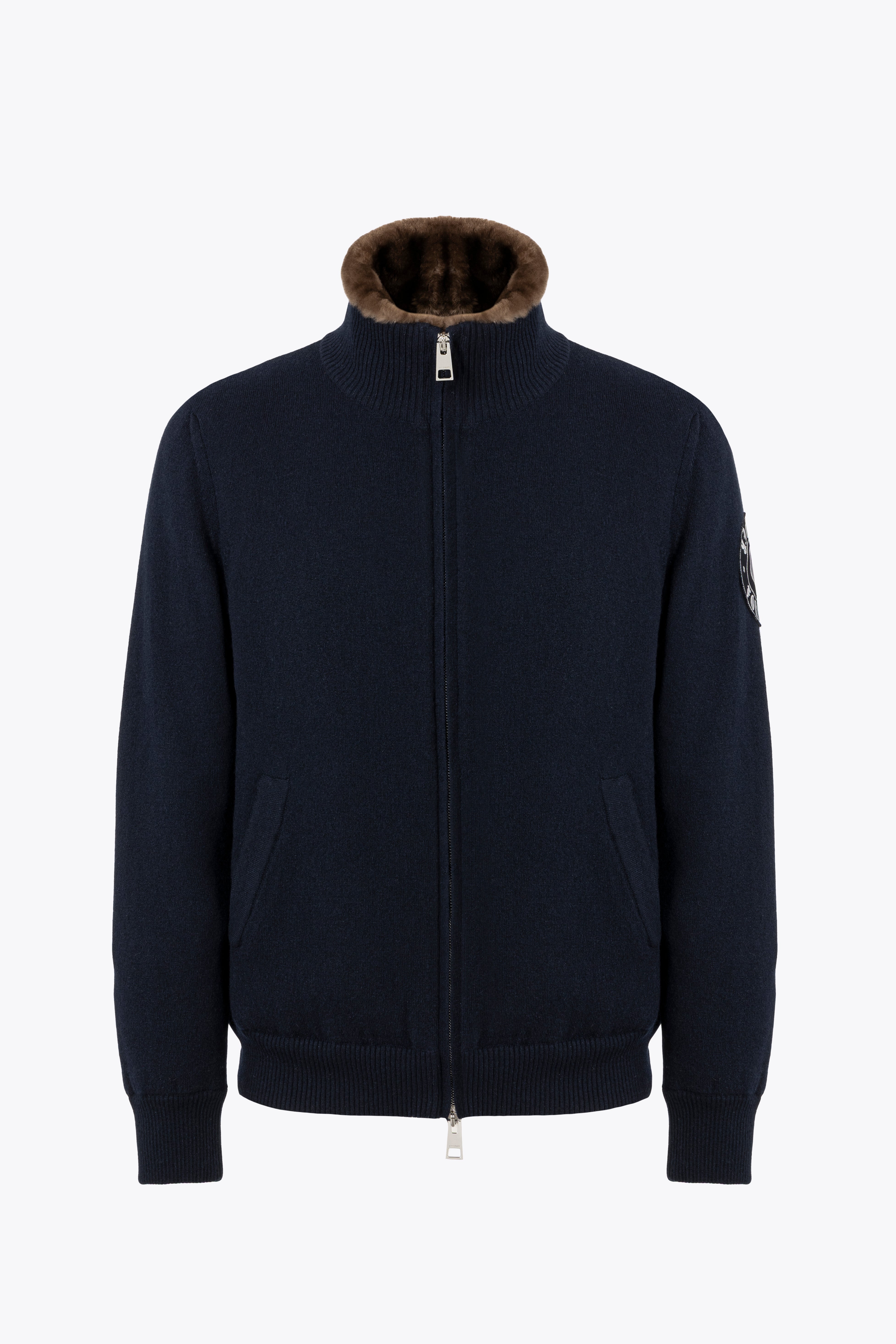 Dark Blue Cashmere Bomber Jacket with Beaver fur