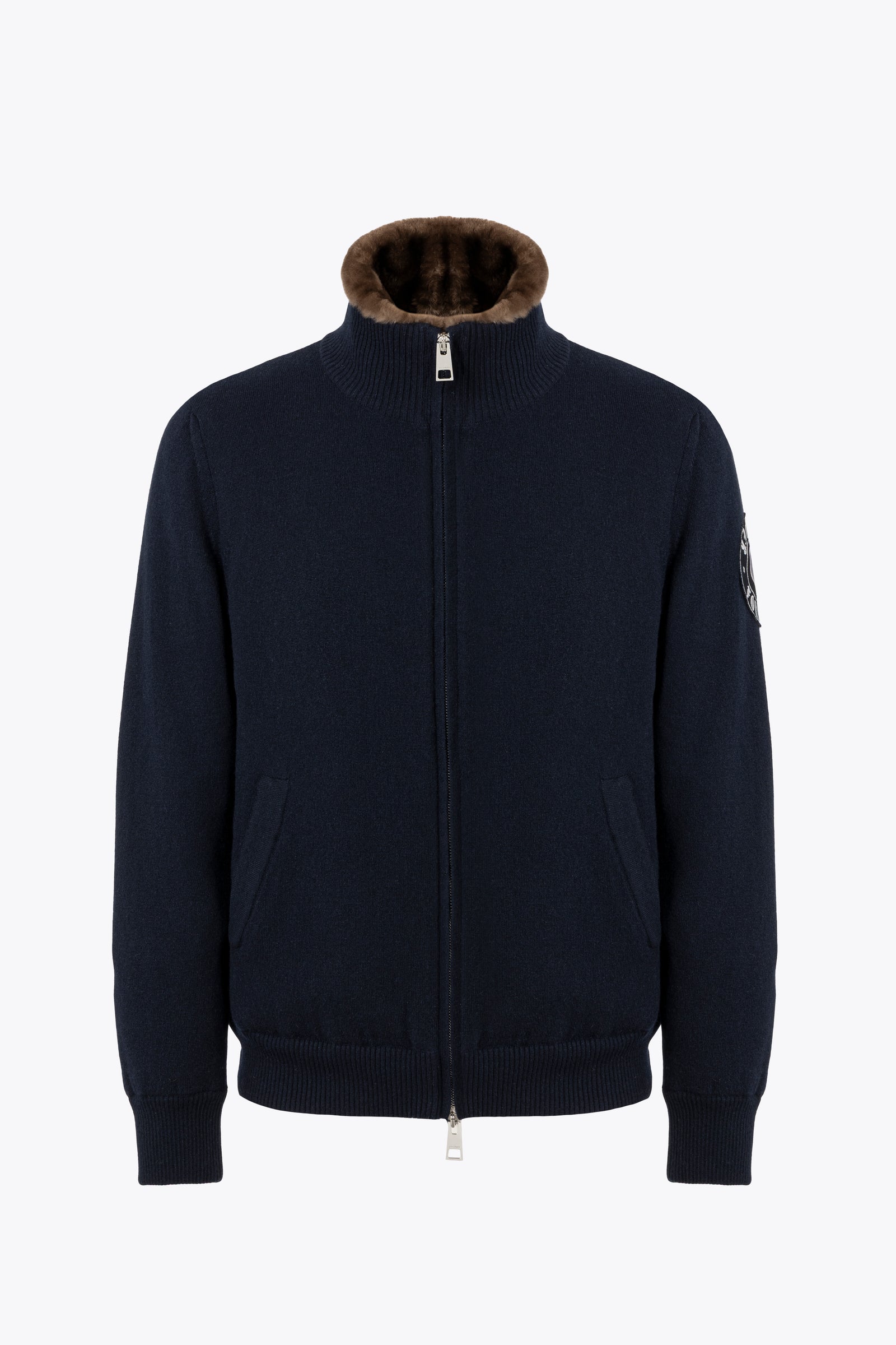 Dark Blue Cashmere Bomber Jacket with Beaver fur