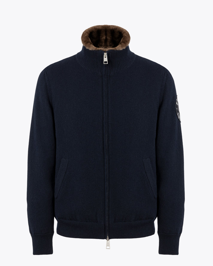Dark Blue Cashmere Bomber Jacket with Beaver fur