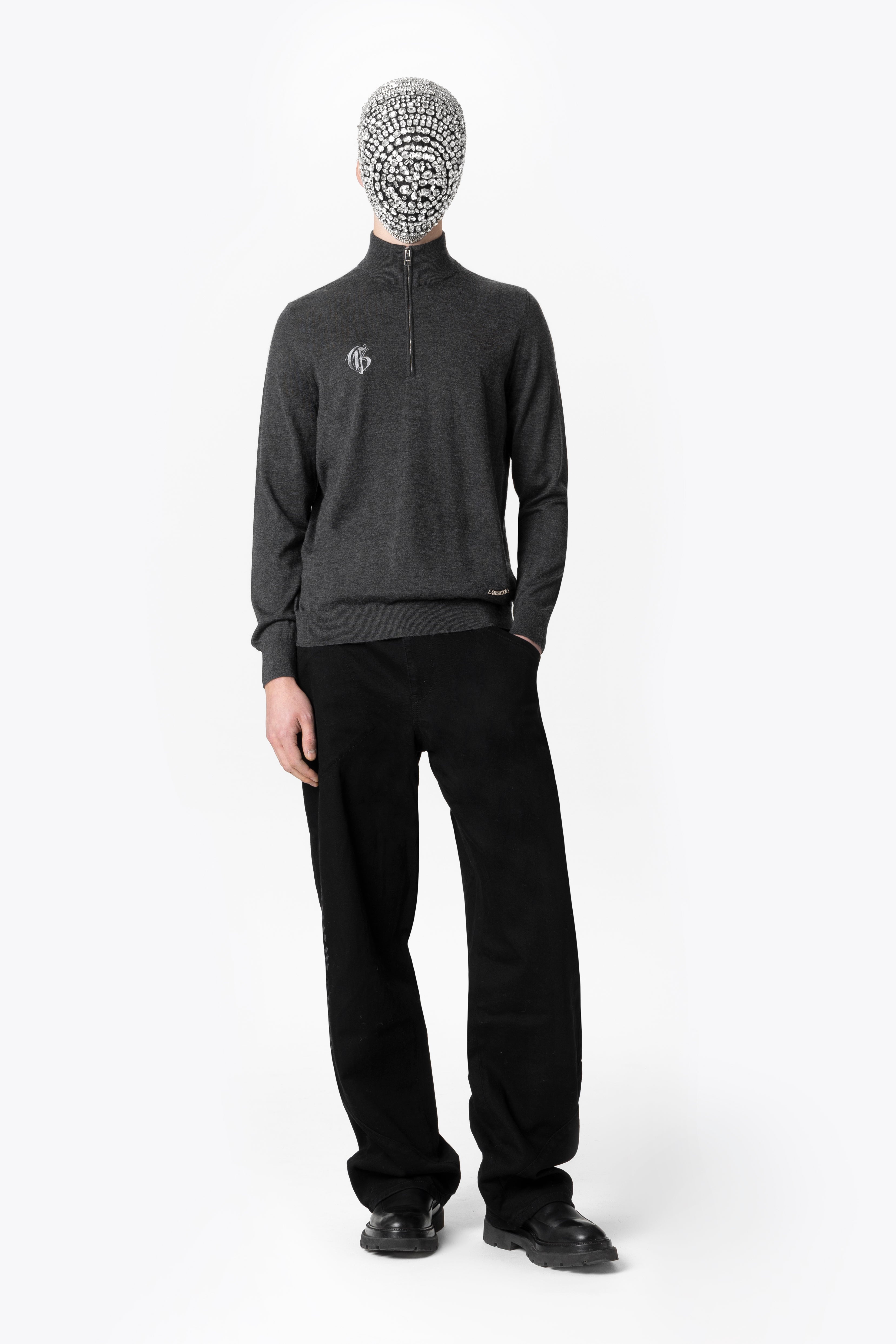 Grey Half-Zip Cashmere Silk Mockneck