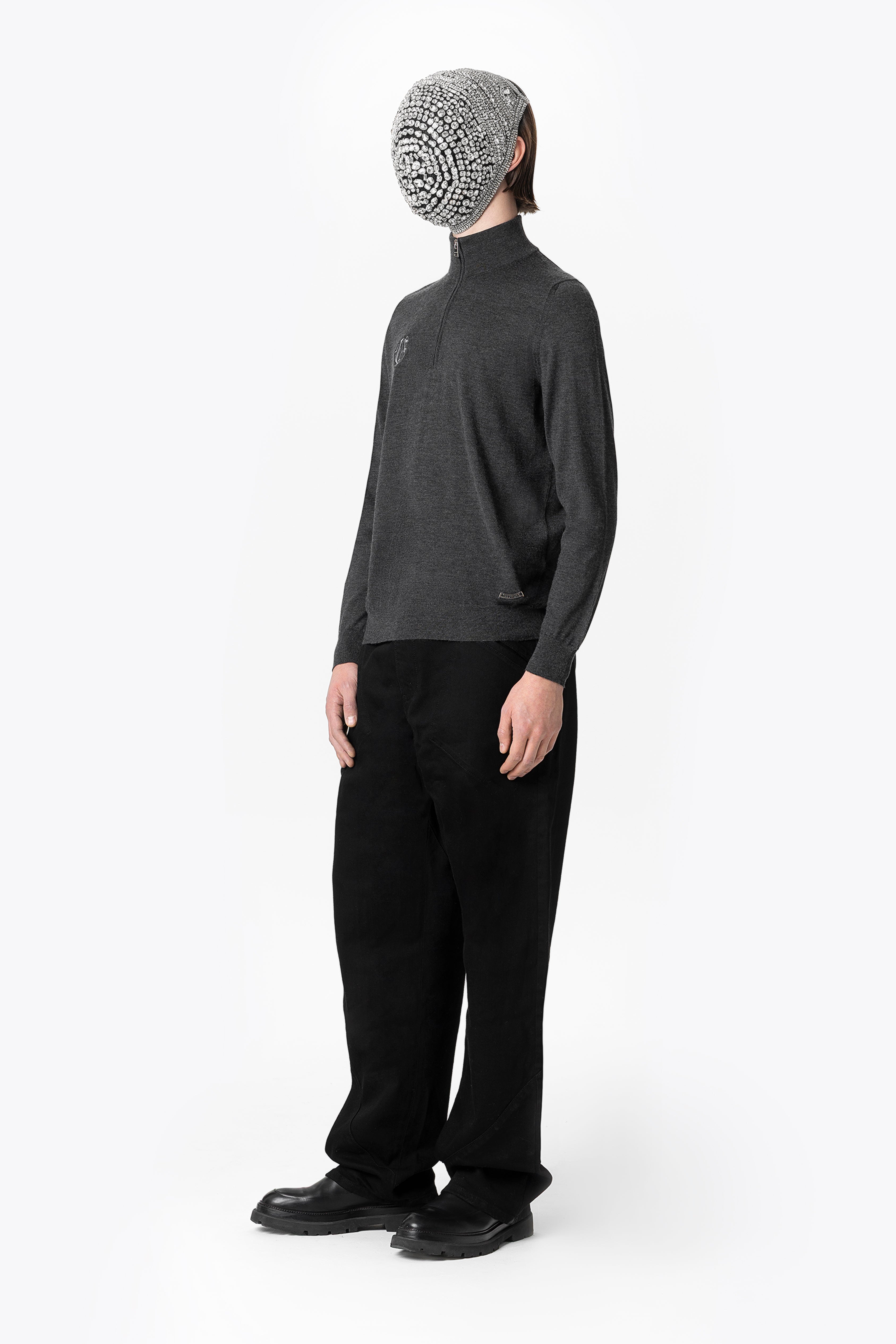 Grey Half-Zip Cashmere Silk Mockneck