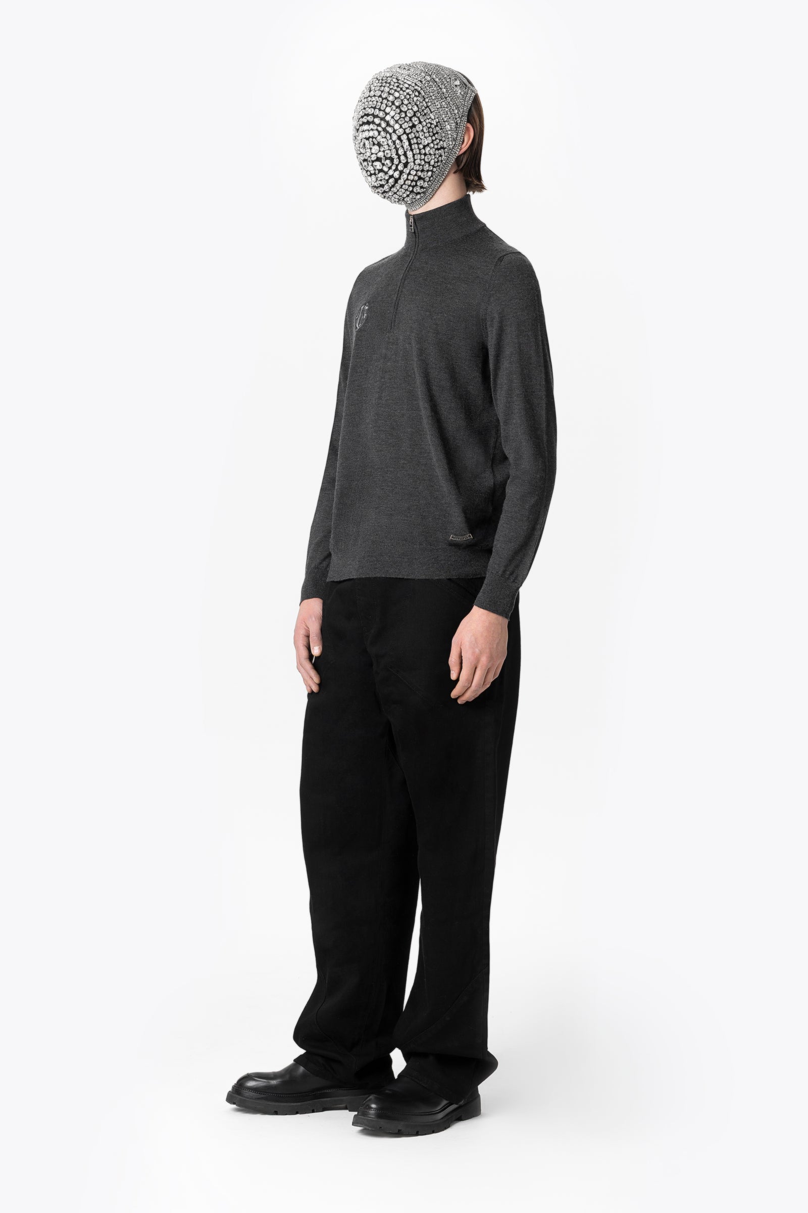 Grey Half-Zip Cashmere Silk Mockneck