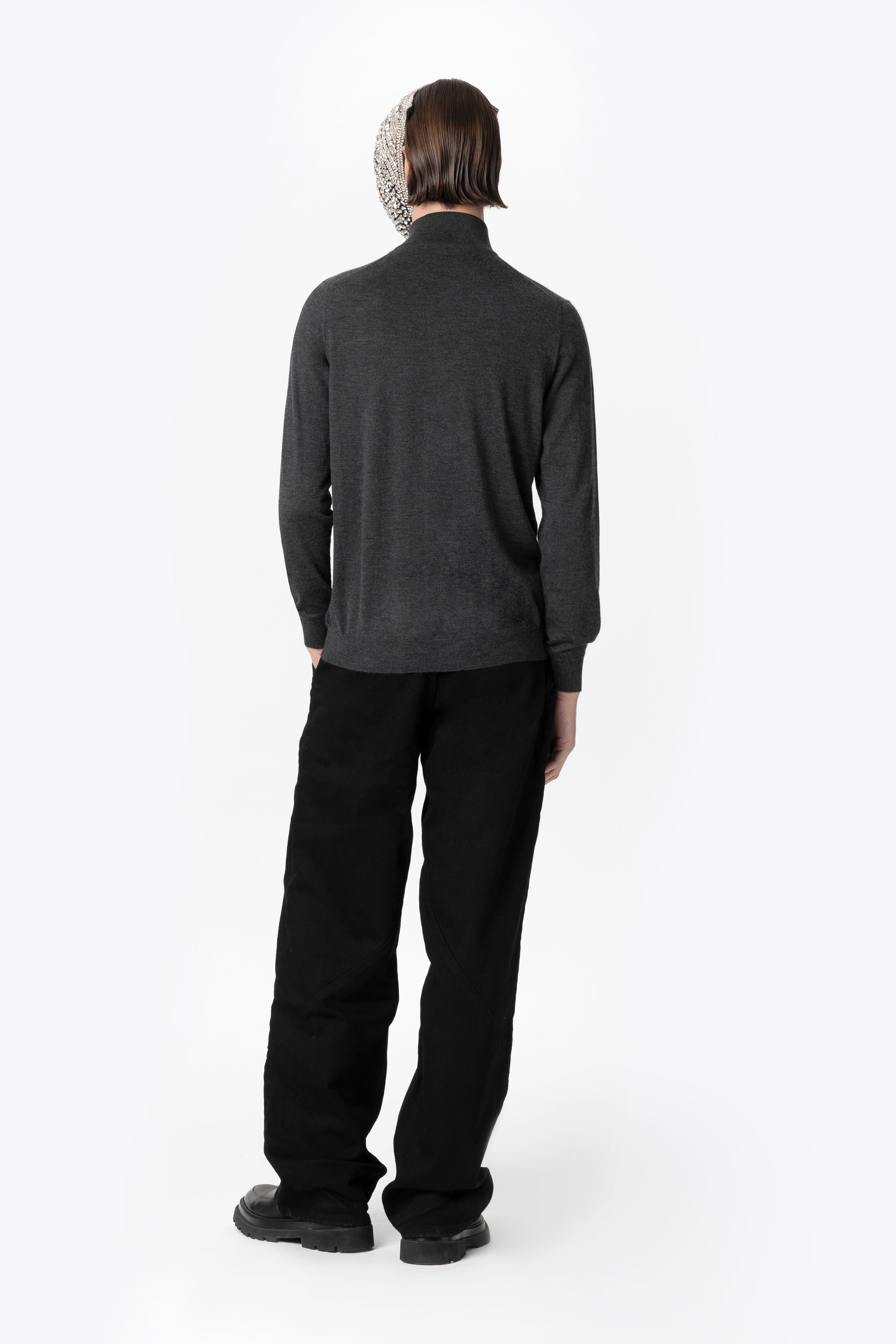 Grey Half-Zip Cashmere Silk Mockneck