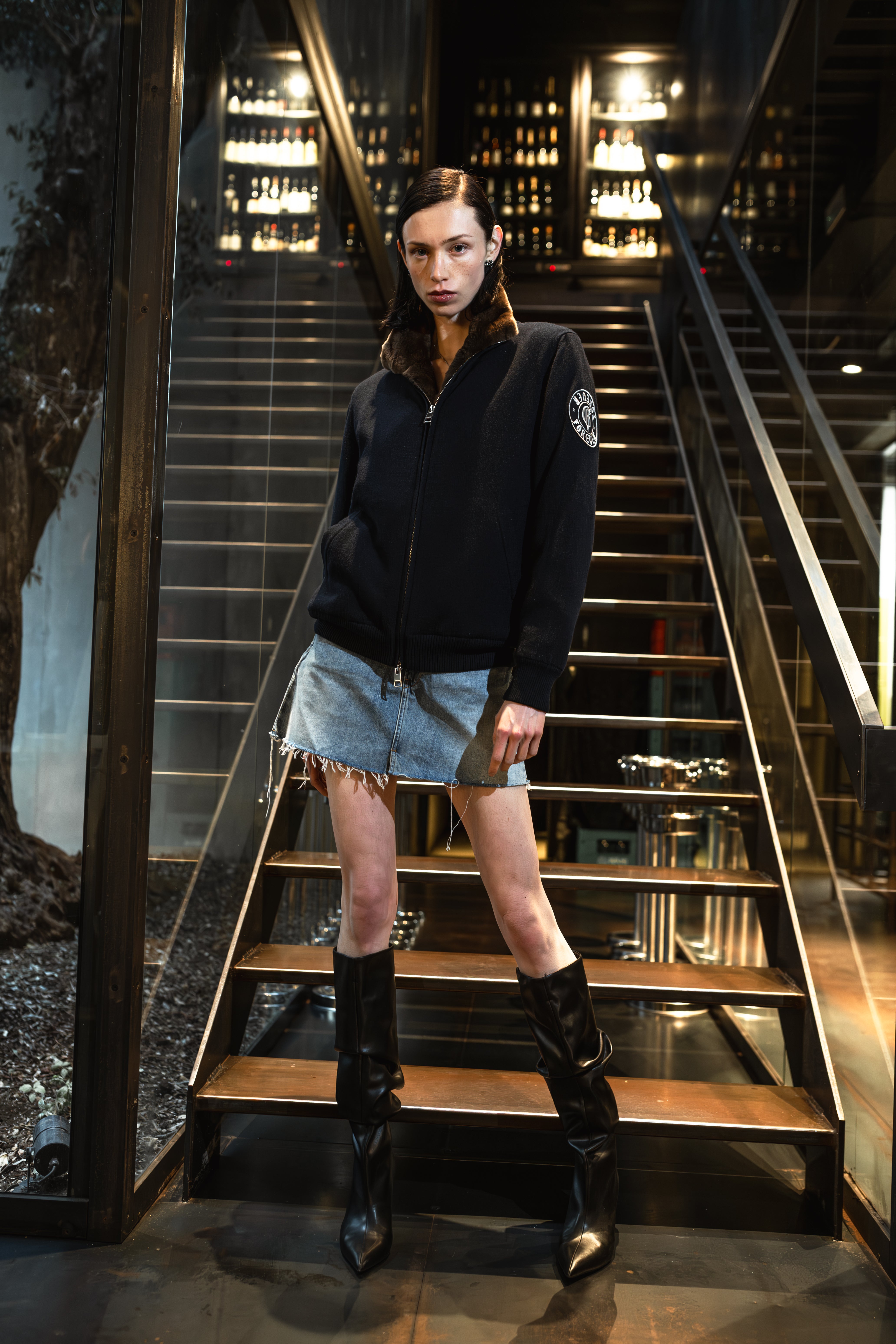 Dark Blue Cashmere Bomber Jacket with Beaver fur