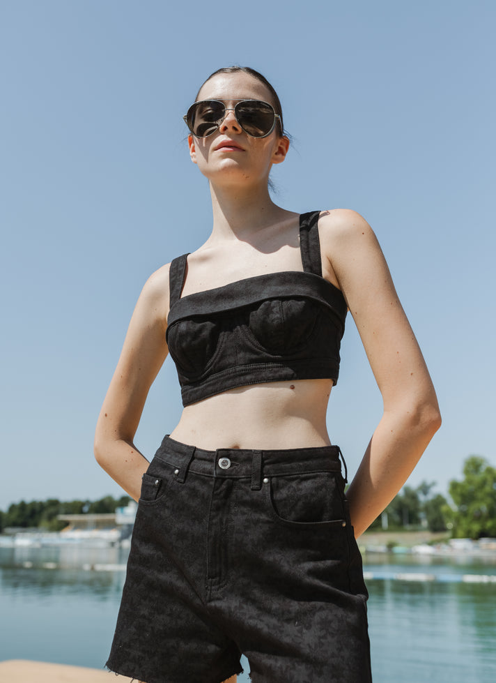 BLACK PATTERN DENIM SHORTS