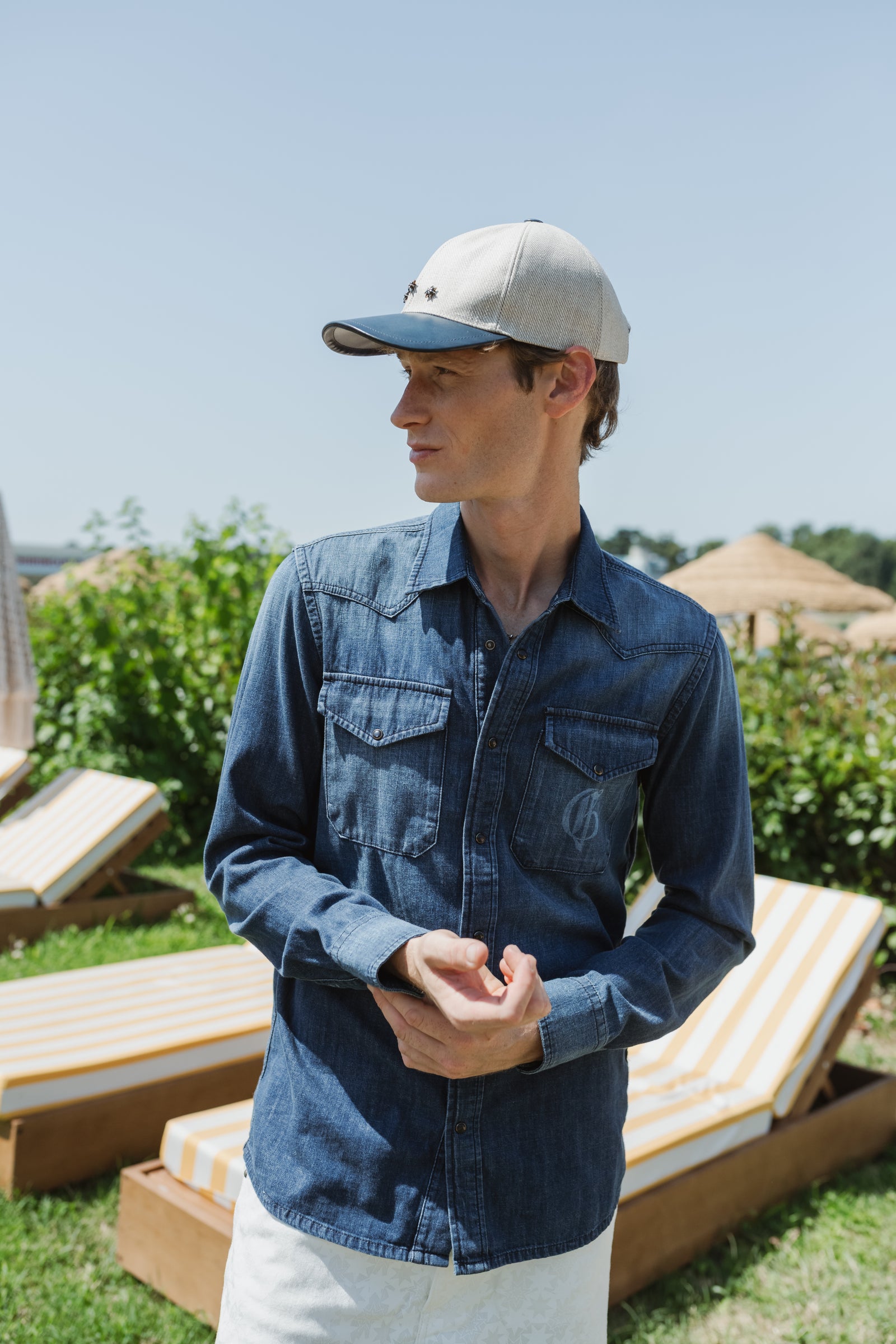 Star Baseball Cap in Calf Leather and Canvas