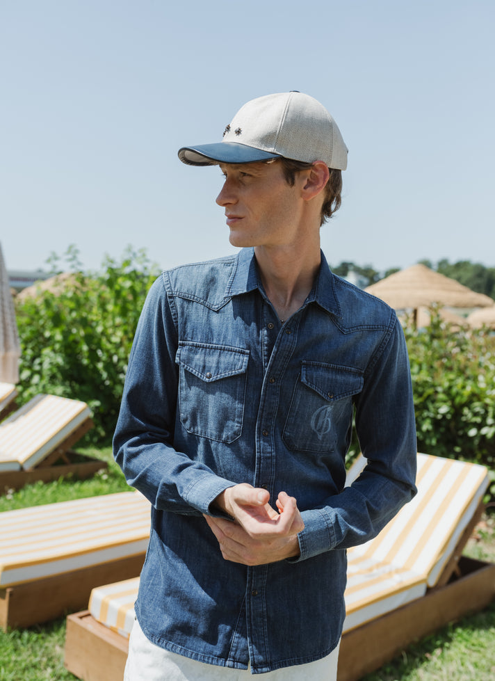 Star Baseball Cap in Calf Leather and Canvas