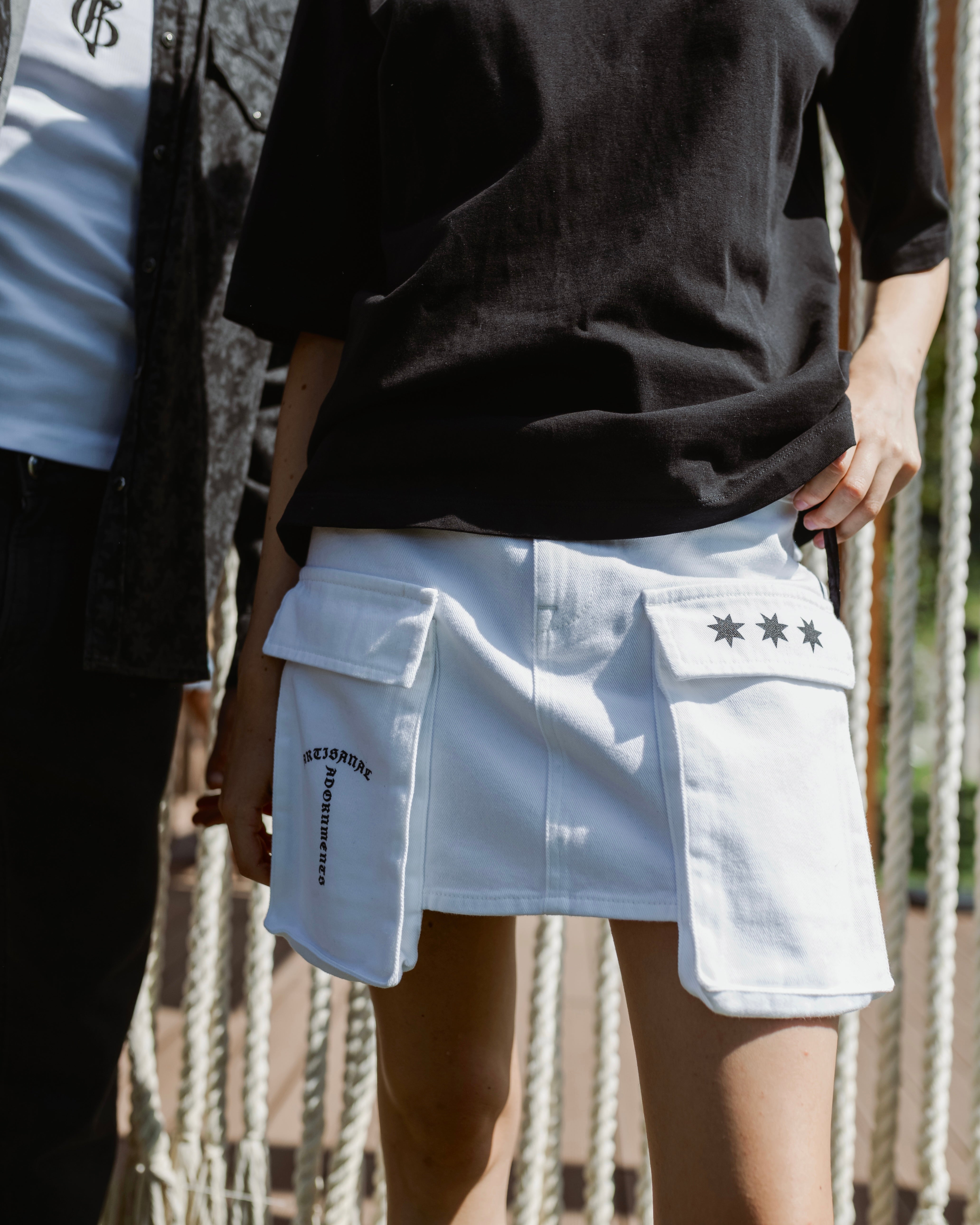 White Denim Mini Cargo Skirt