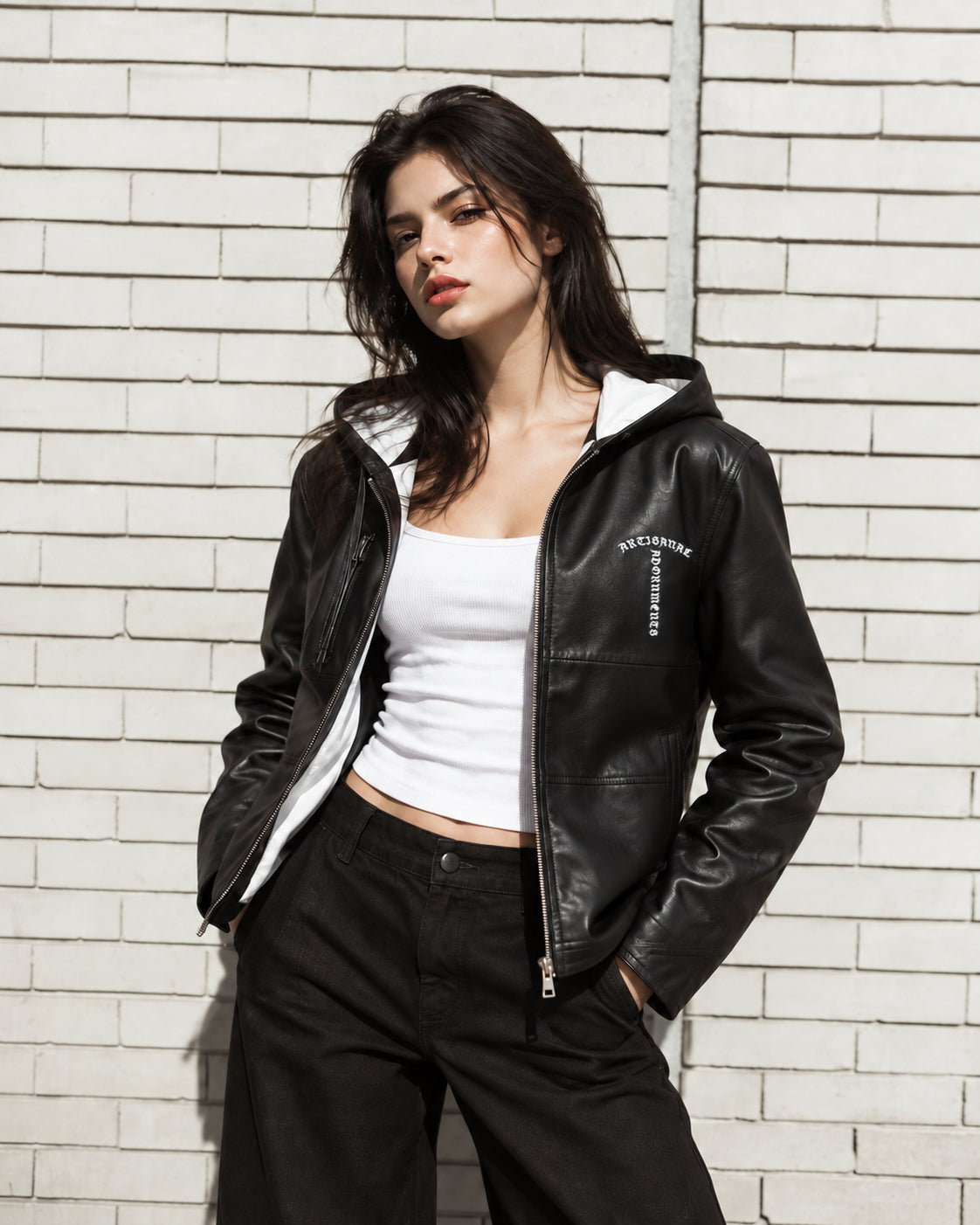 Black calfskin hooded jacket