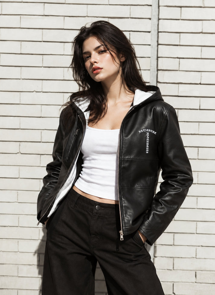Black calfskin hooded jacket