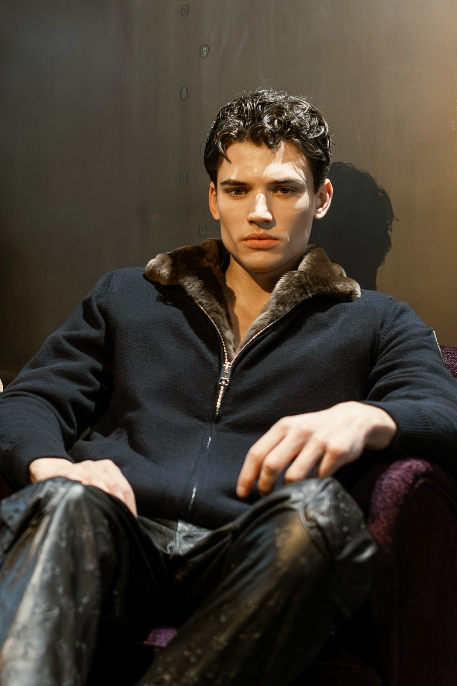 Dark Blue Cashmere Bomber Jacket with Beaver fur