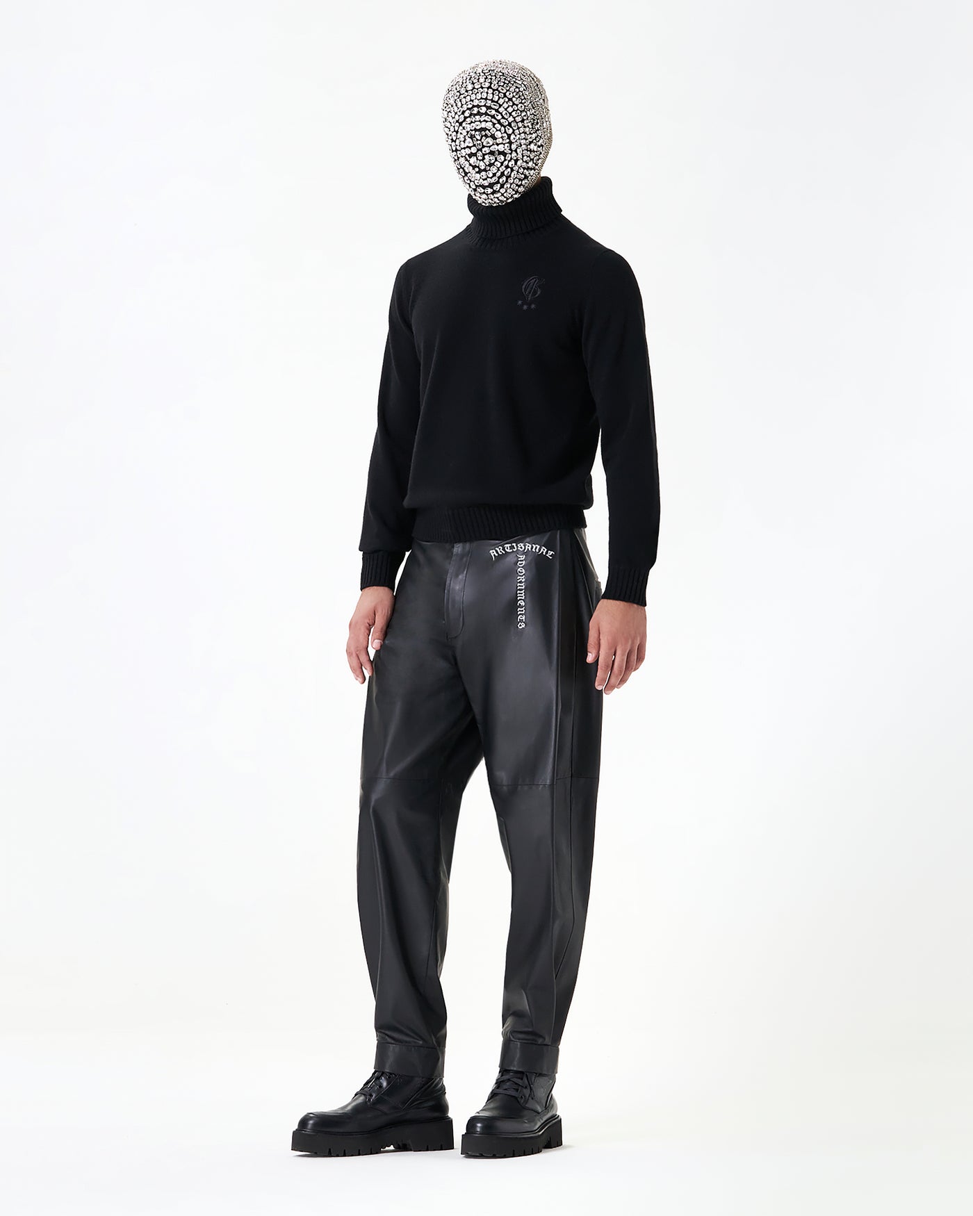 Black calfskin pants with lapels