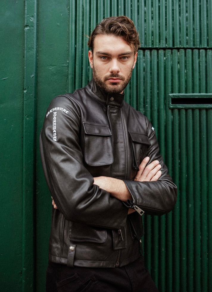 BLACK LEATHER JACKET WITH PATCH POCKETS