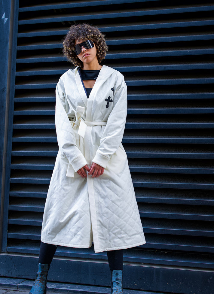 White Hooded and Quilted Robe Coat