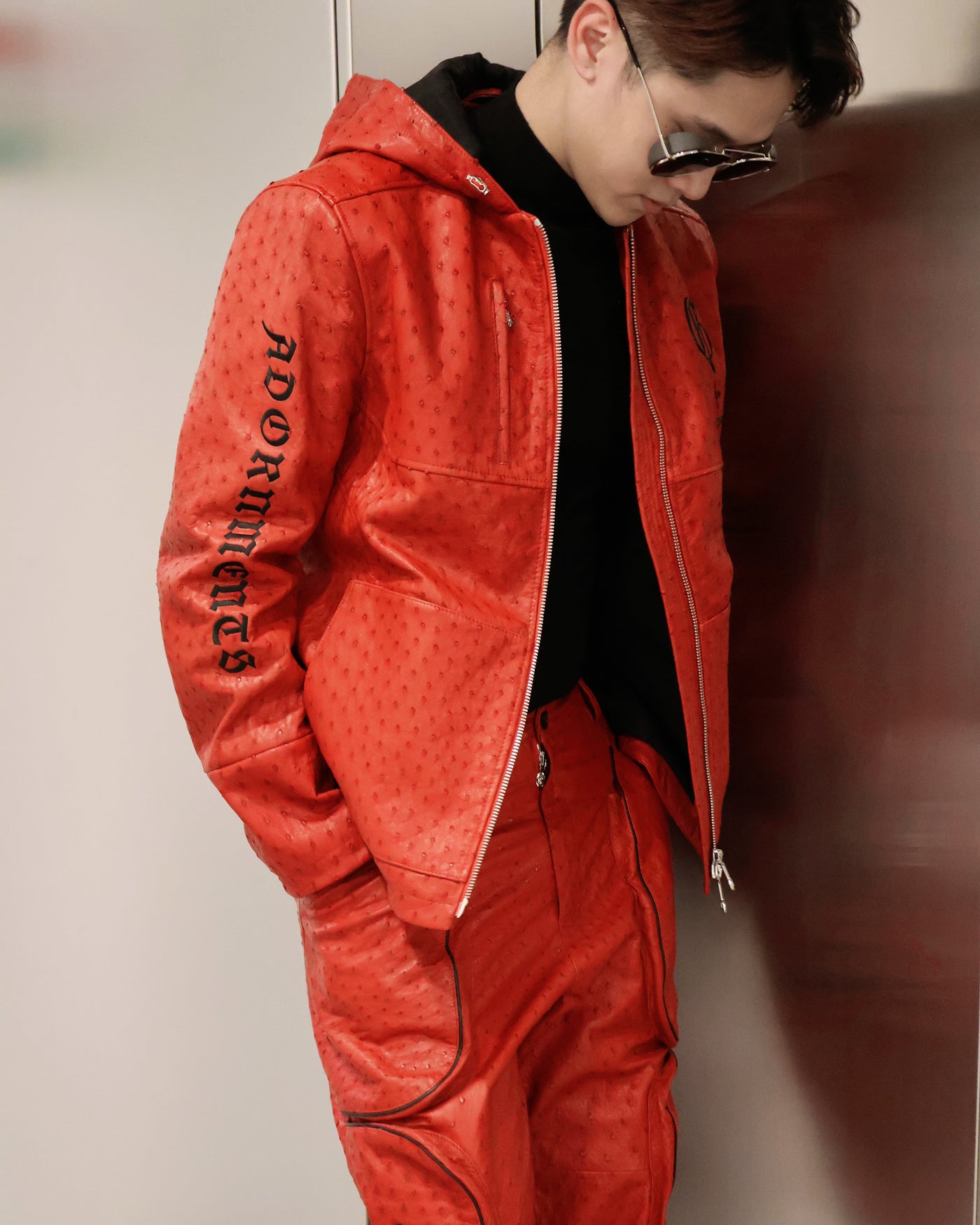 RED OSTRICH HOODED JACKET