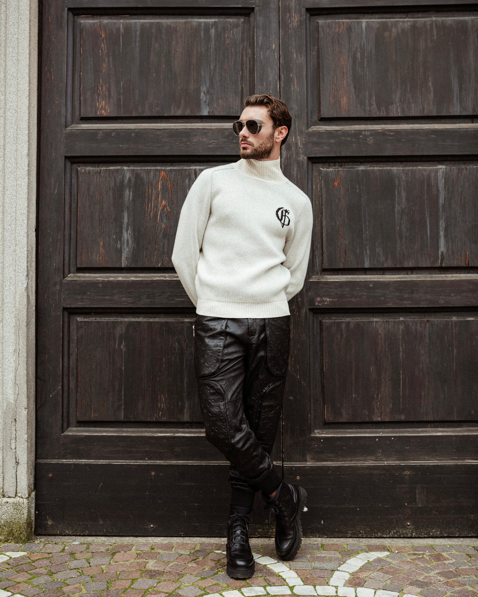 黑色羊皮工装裤