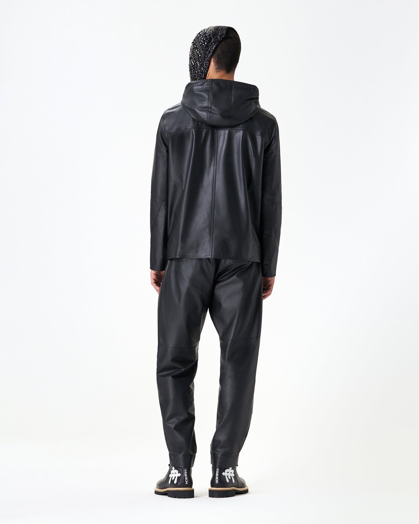 Black calfskin hooded jacket