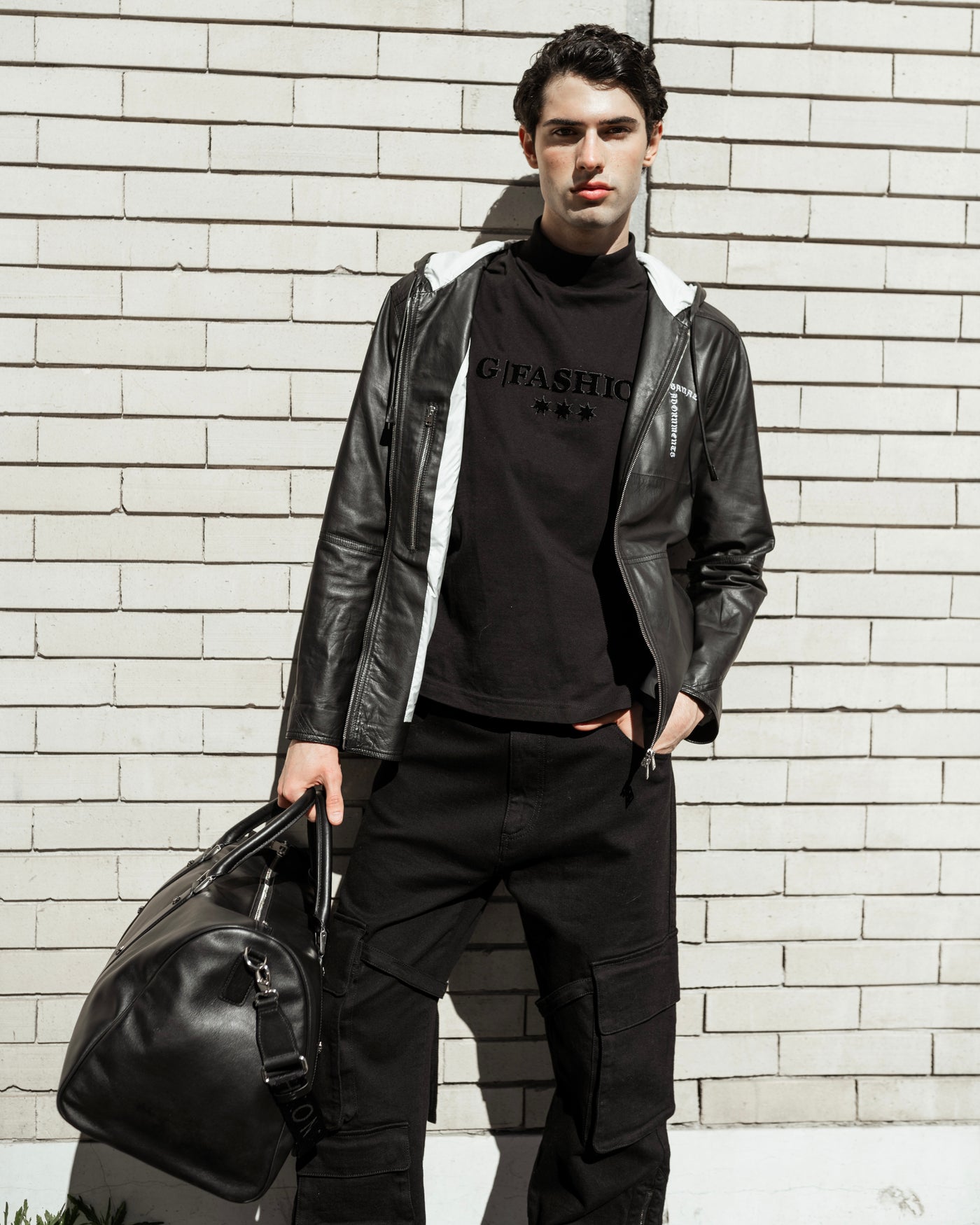 Black calfskin hooded jacket