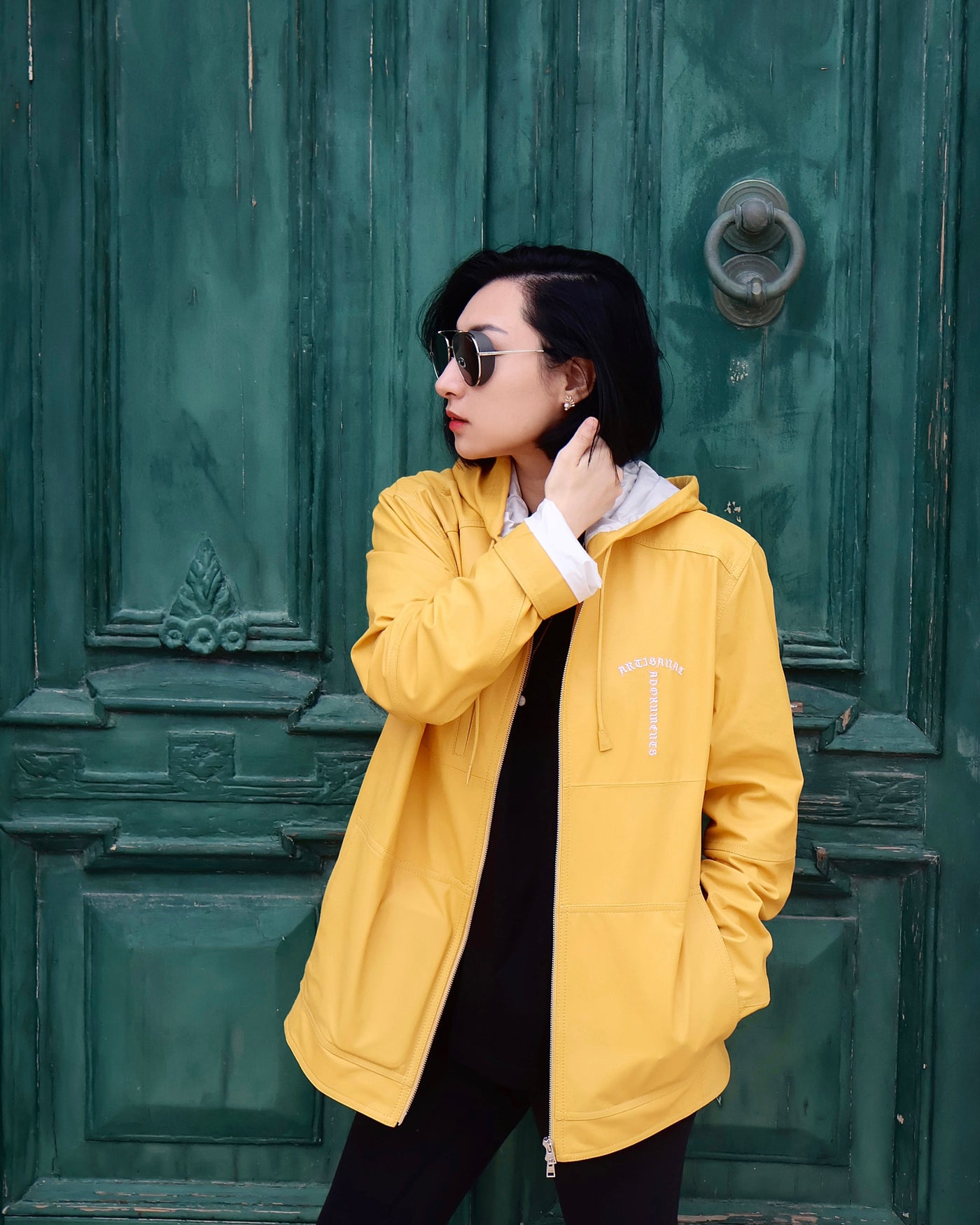 Yellow calfskin hooded jacket