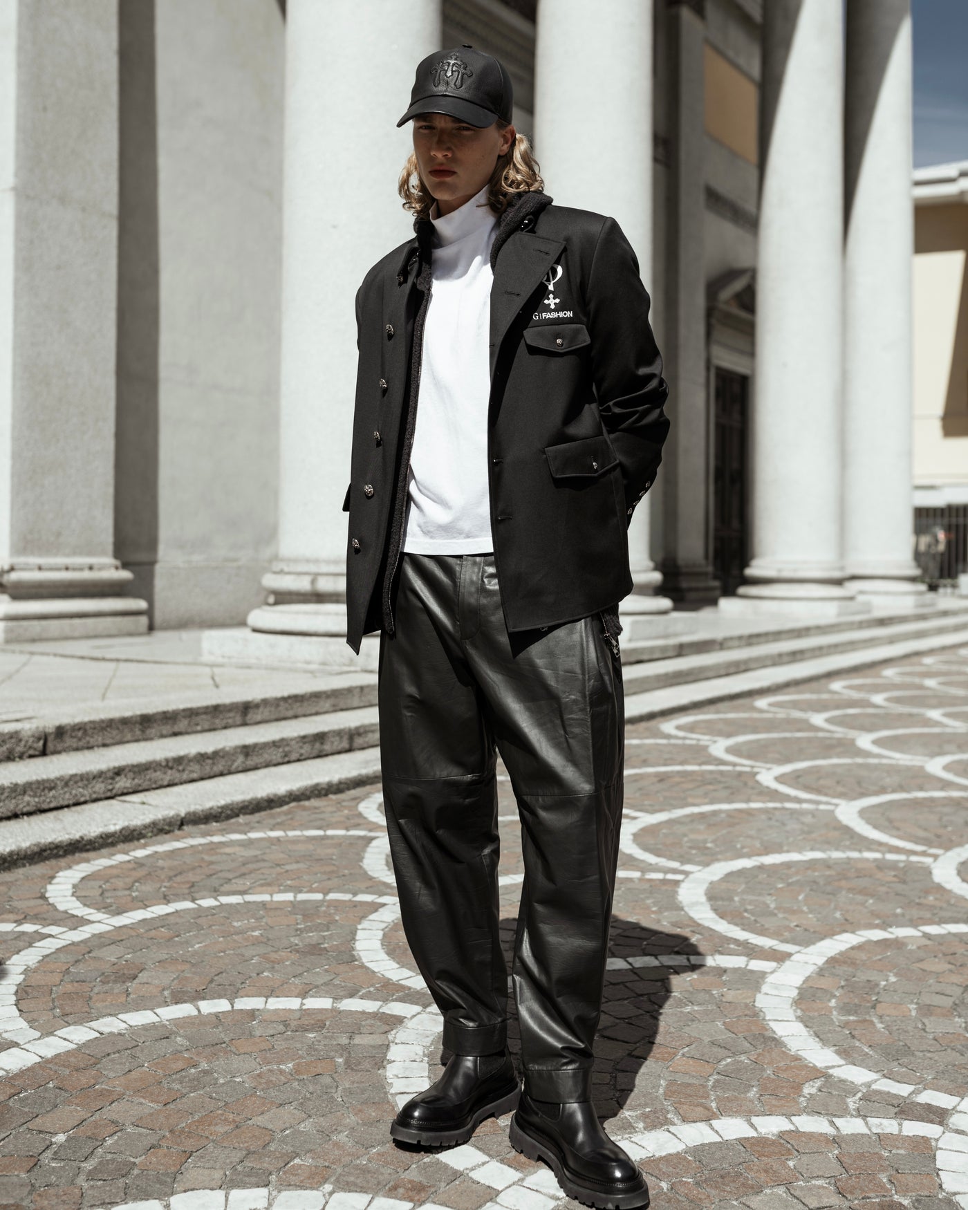 Black calfskin pants with lapels