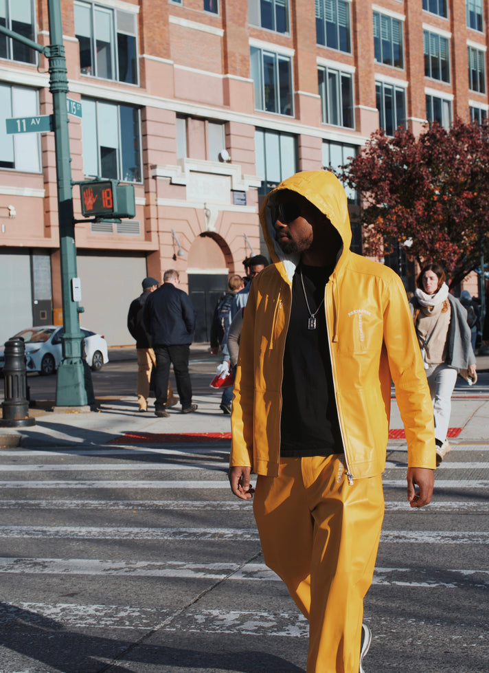 Yellow calfskin pants with lapels