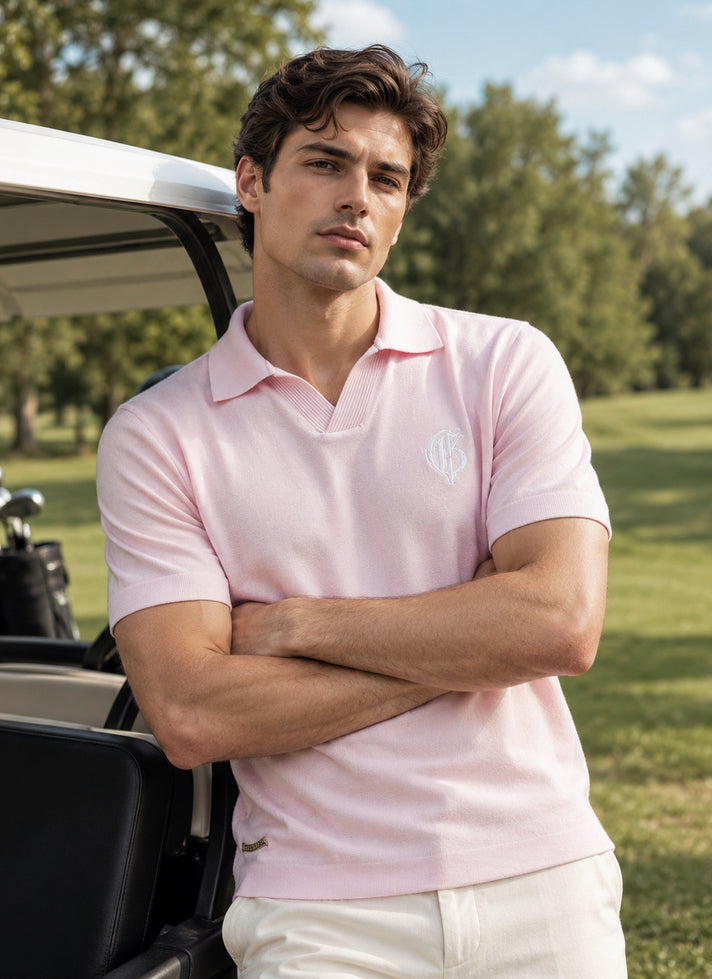 粉色 V 领 Polo 衫 