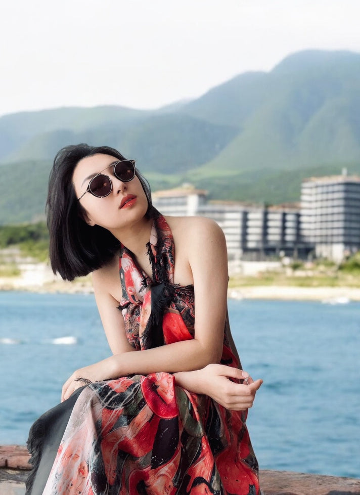 Red Buddha face cashmere scarf