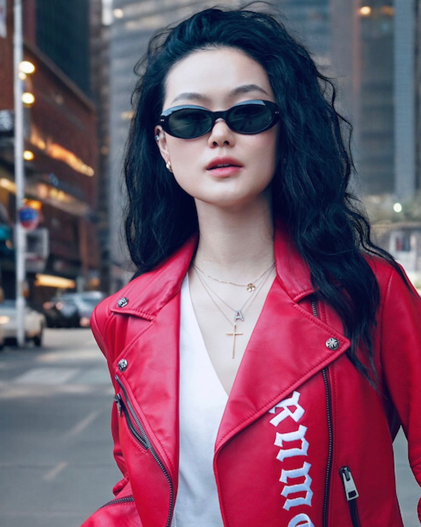 RED BIKER LAMB JACKET